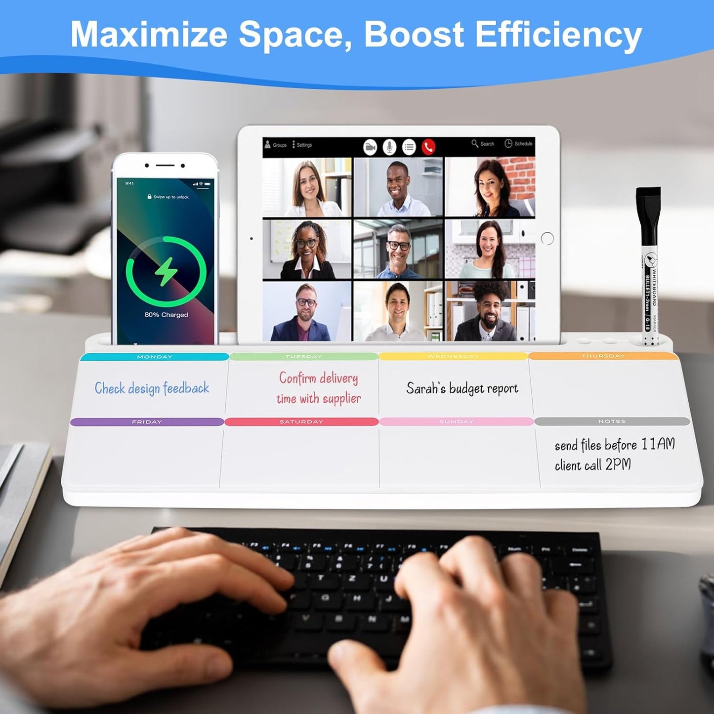 Desktop Glass Whiteboard with Storage, Colorful Weekly Calendar Desk Dry Erase White Board, Desk Organizers and Accessories, Weekly Planner Board with Notes for Planning, Memo, Office, Home, School
