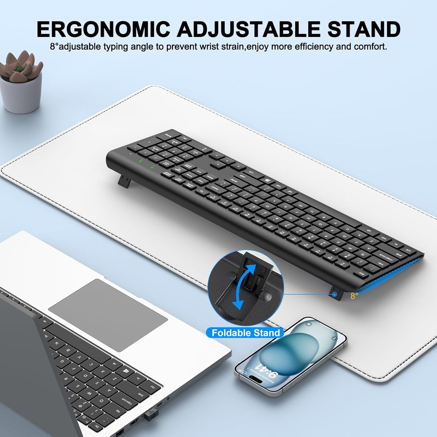 EDJO Wireless Keyboard, 2.4G Full-Sized Cordless USB Silent Computer Keyboard, Ergonomic Tilt Angle, Sleep Mode, Long Battery Life, for Windows, Mac OS Laptop/PC/Desktop/Notebook