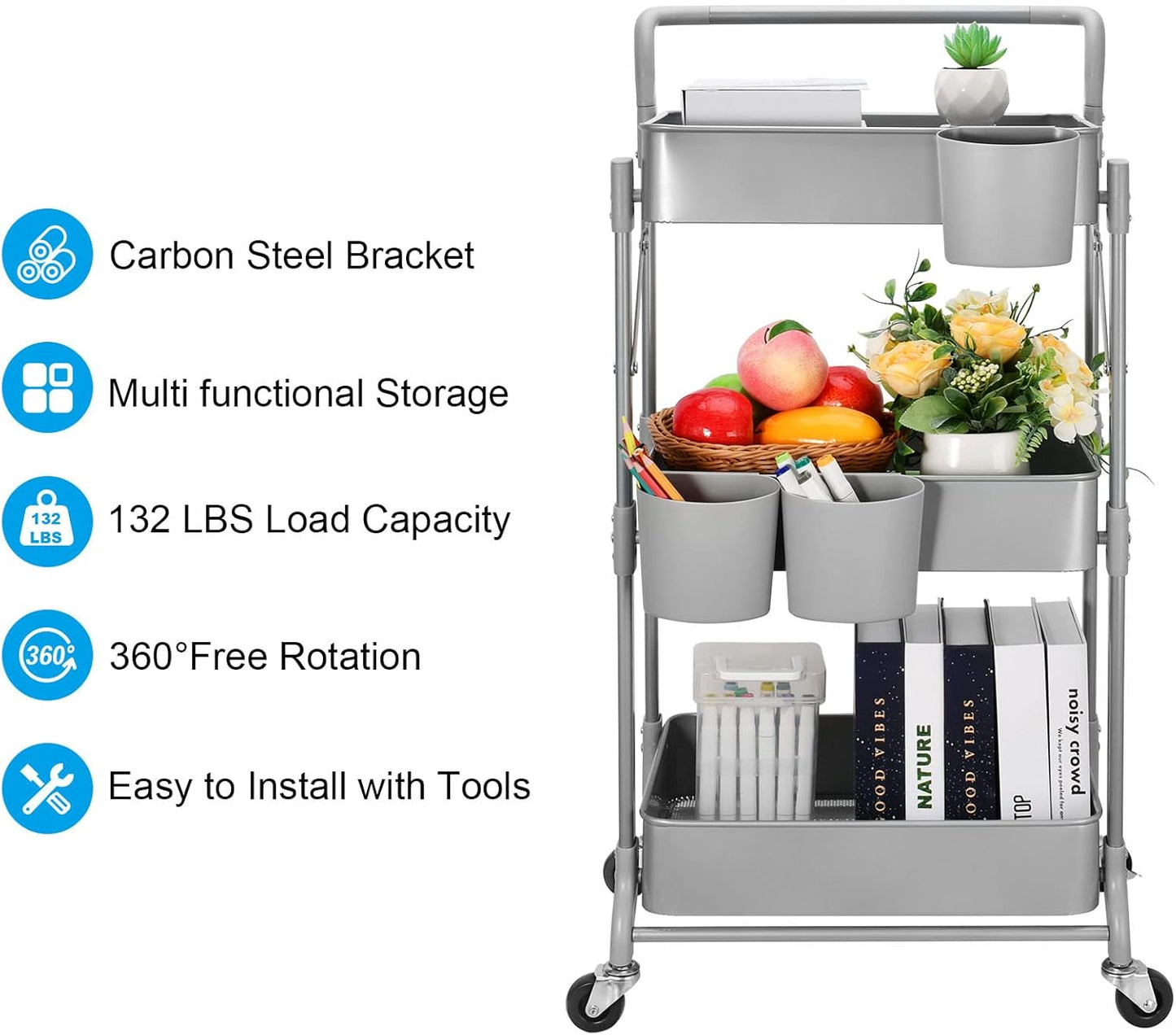 Foldable 3 Tier Metal Utility Rolling Cart, Folding Mobile Multi-Function Storage Trolley Organizer Cart for Home Library Office(Grey)