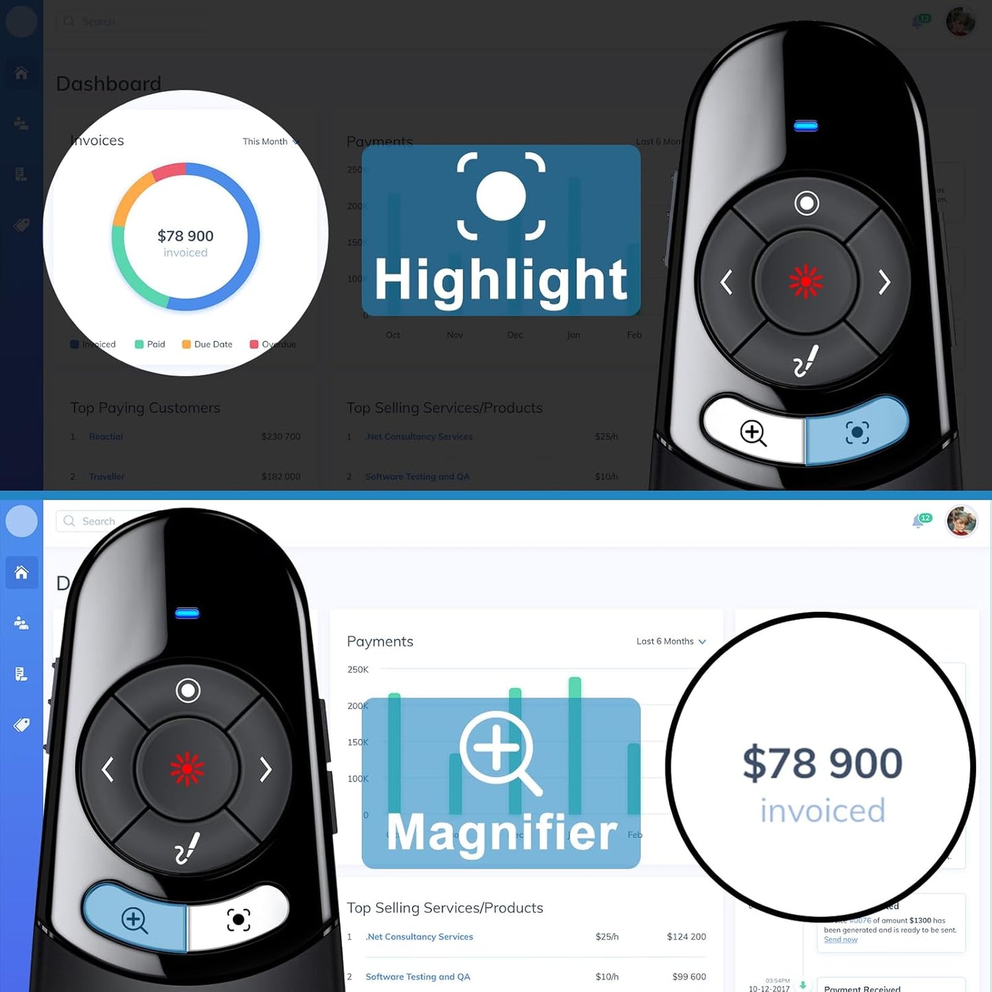 2 in 1 USB Type C Spotlight Presentation Clicker, Advanced Digital Highlighting Magnifier Wireless Presenter for for LED LCD, 2.4GHz PowerPoint Presentation Remote