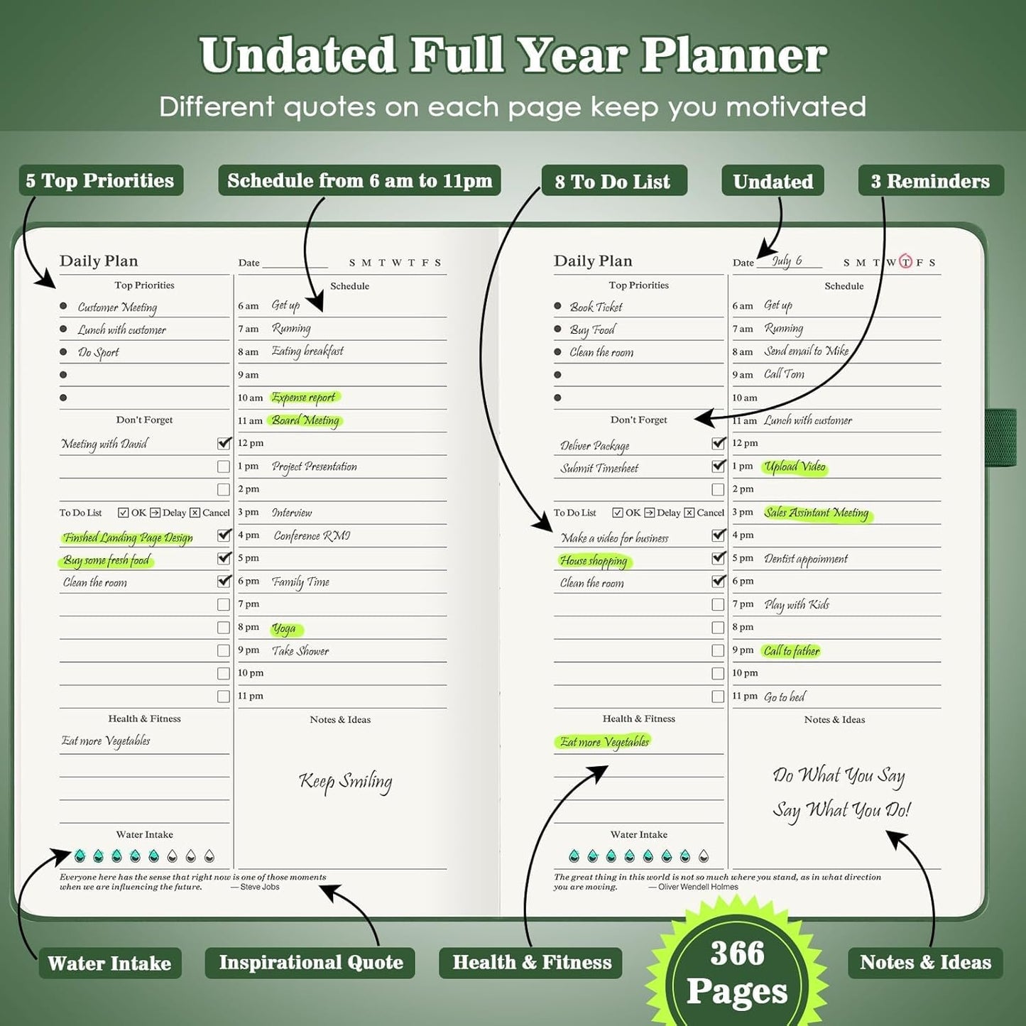Asten Planner, Undated Daily Planner with To Do List, 365 Days Planner for ADHD Adult, Agenda for, Hourly Planner Notebook for Goal Setting, Productivity Planner with Calendar, 8.3'' x 5.8'' (Green)