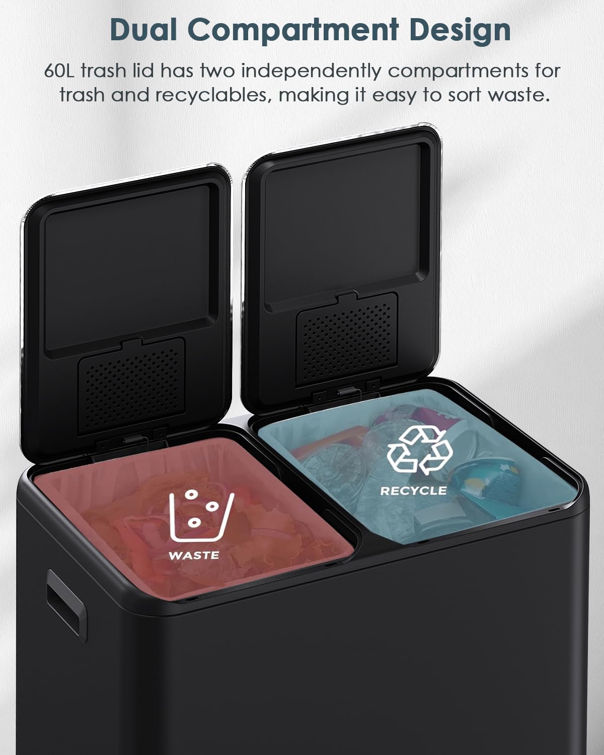 Arlopu 16Gal Dual Trash Can w/2 Built-in Box for Odor Control, Hands-Free Kitchen Garbage Bin, Recycle Waste Dustbin, Soft-Close Lid, 2 Buckets,Foot Pedal, Side Handle, Airtight,for Home Office