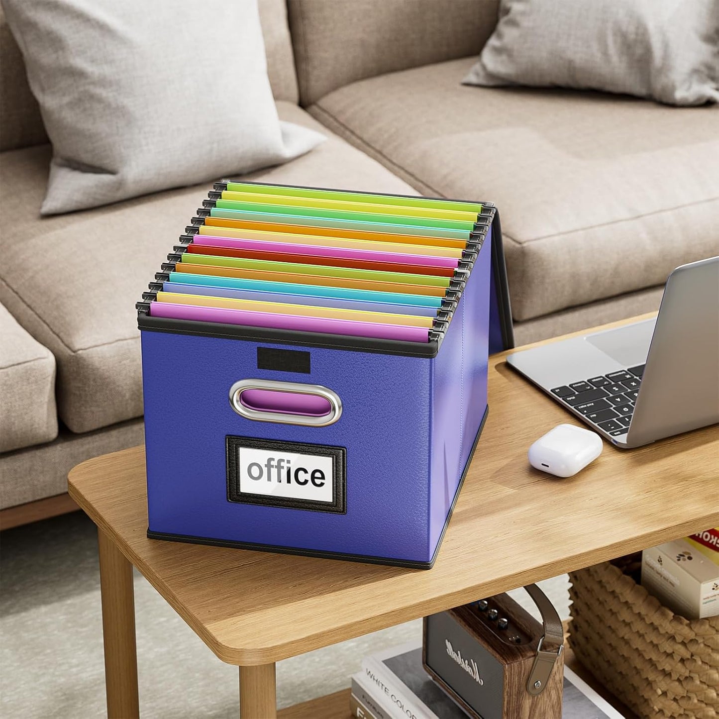 Huolewa Portable Leather File Organizer Boxes with Lids, Collapsible File Folder Organizer Boxes, Decorative Small Filing File Cabinet for Home/Office, Easily Store Documents/Hanging File Folders