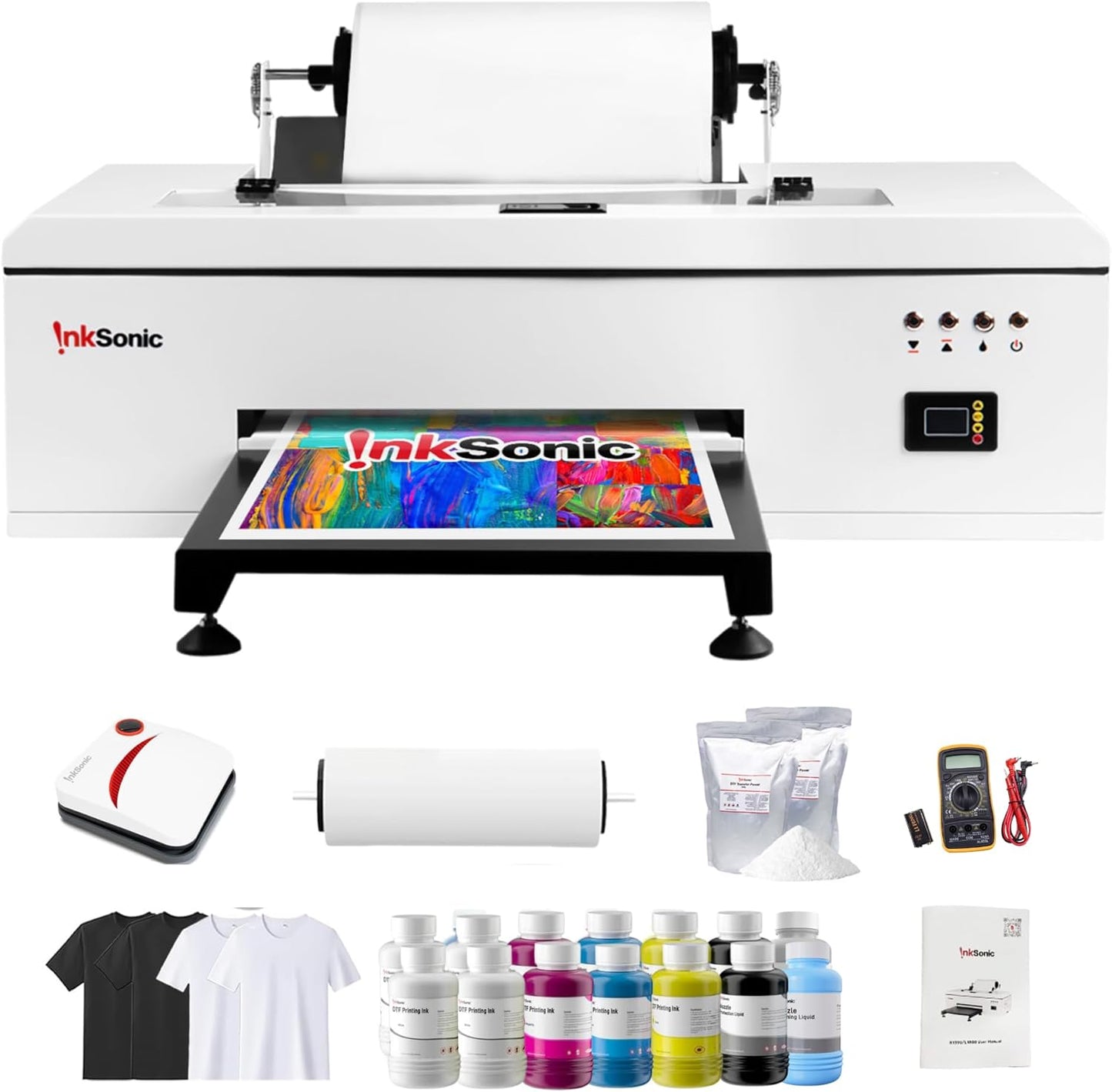 InkSonic DTF R1390 Printer A3, 13" Width DTF Transfer Pinter Bundle with Heat Press Machine, Custom T shirt Printing Machine, Multi-Material Compatible, Direct to Film, White Ink Circulation System