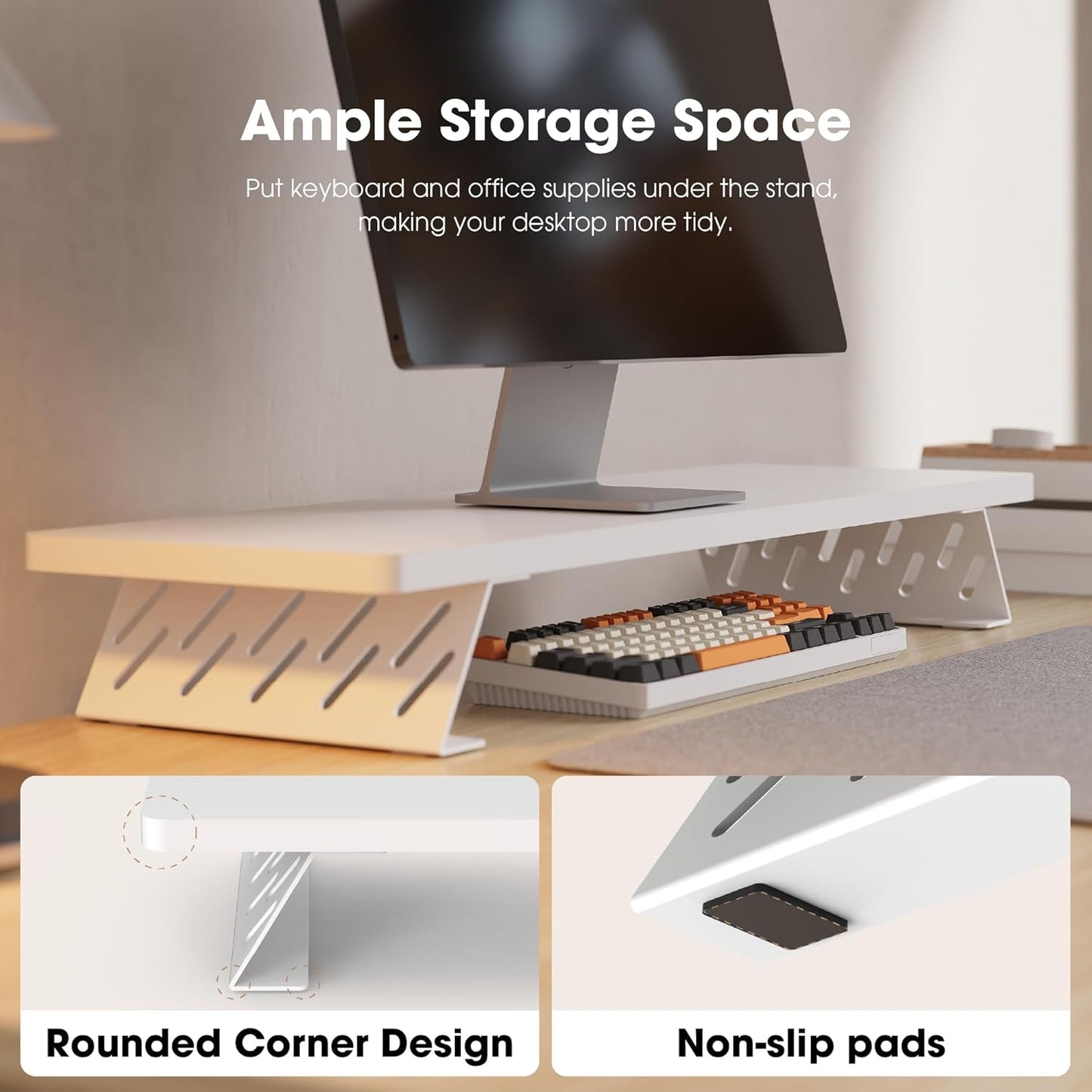 Fenge Monitor Stand Riser, Desk Top Shelf for 2 Monitors, Computer Stands for Desk, Wood & Steel Desktop Riser for Laptop, PC, Printer