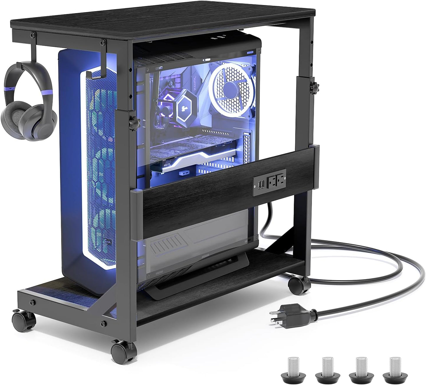 Height Adjustable Computer Tower Stand with Charge Station and USB Charging Port, 2-Tier ATX-Case Cart, Under Desk Mobile PC Stand, CPU Holder Cart with Locking Caster Wheels for Fits Most PC