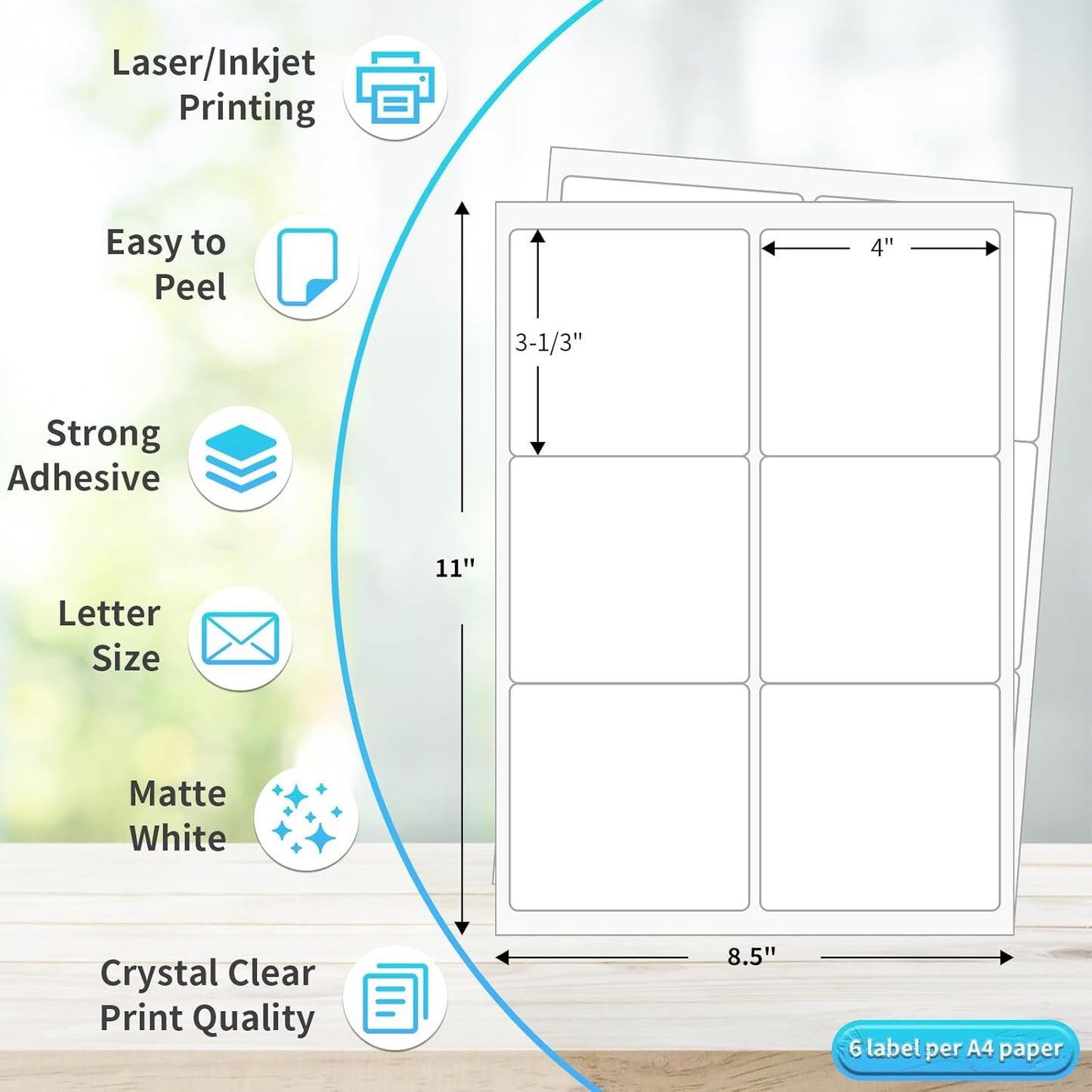 FungLam Printable Sticker Paper, 3-1/3" x 4" Shipping Address Labels 180 Blank Mailing Labels for Laser & Inkjet Printers, 6 per Page Label Stickers, 30 Sheets
