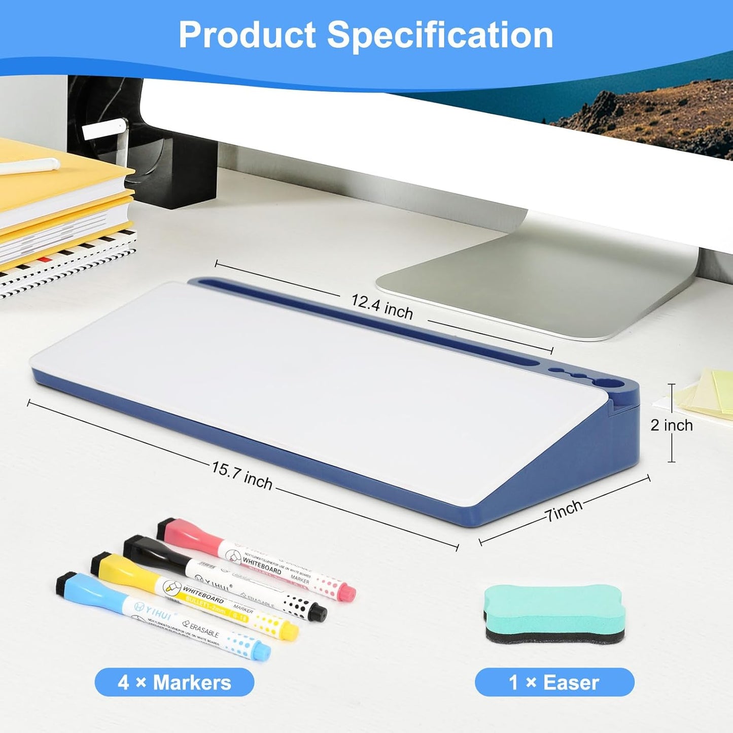 Glass Desktop Whiteboard with Storage, Desk White Board with Computer Keyboard Stand,White Dry Erase Board with Drawers for Home,School,Office - Blue