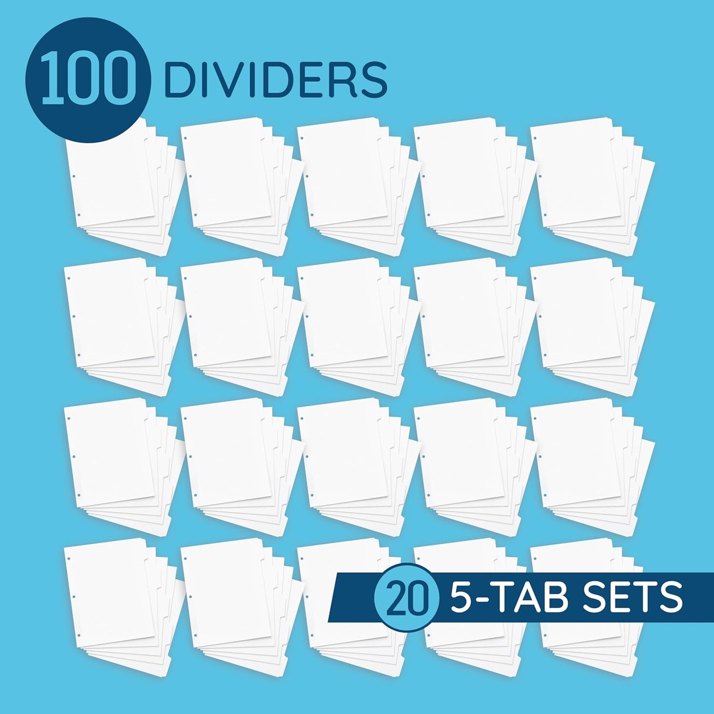 Blue Summit 3 Ring Binder Dividers with Tabs, Reinforced Edge, 1/5 Cut, Letter Size, 5 Tab Dividers for 3 Ring Binder Bulk, White, 20 Sets, 100 Pack