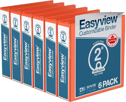 Easyview Premium 3-Ring Binders with Clear-View Covers and Round Rings, Binders for School or Office, 2 Inch, Pack of 6, Orange