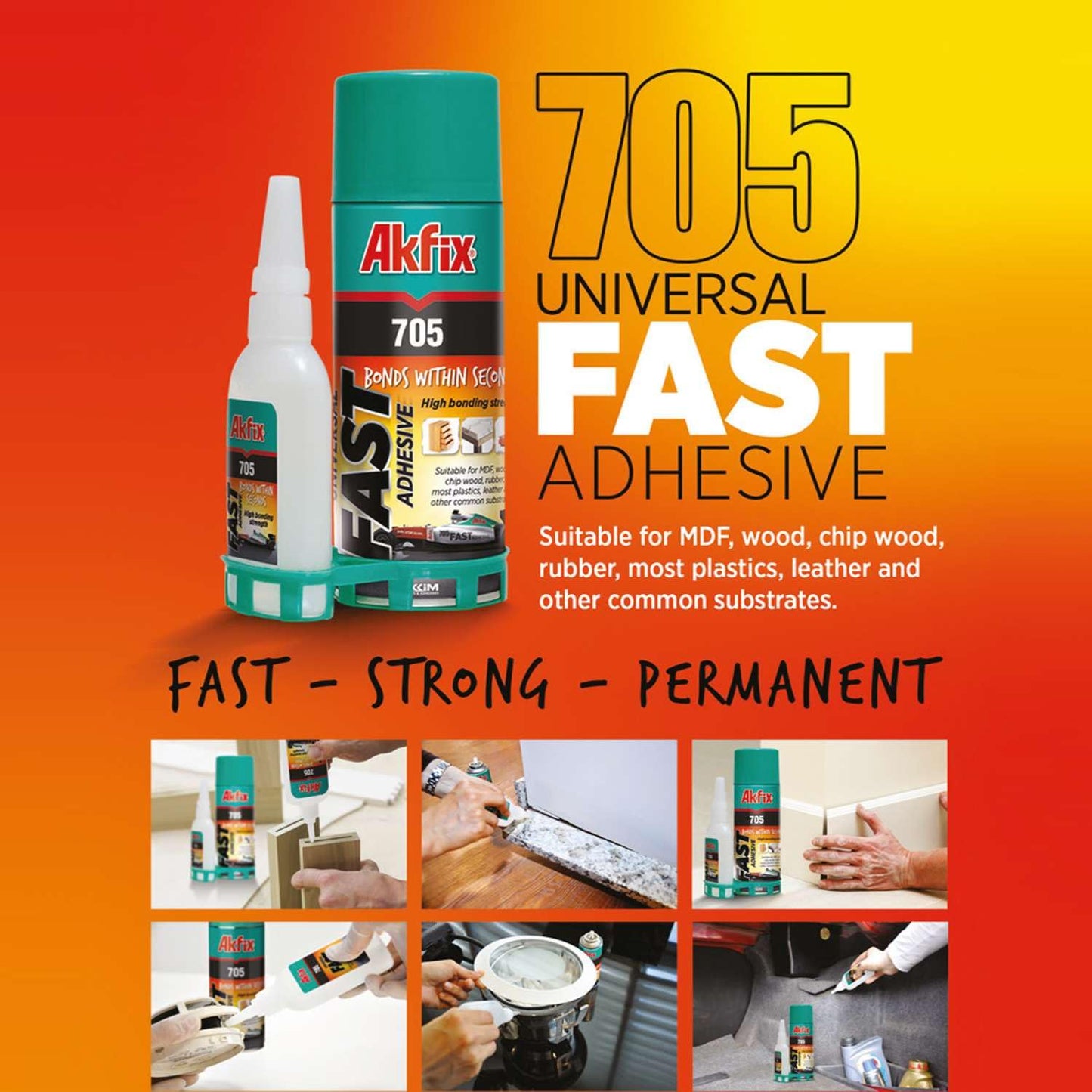 Akfix 705 Fast Adhesive CA Glue & Activator (3x3.50 oz Glue + 3x13.50 fl oz Activator) - High Strength Cyanoacrylate for Woodworking, Crafts & Multi-Surface Bonding - 3 Pack