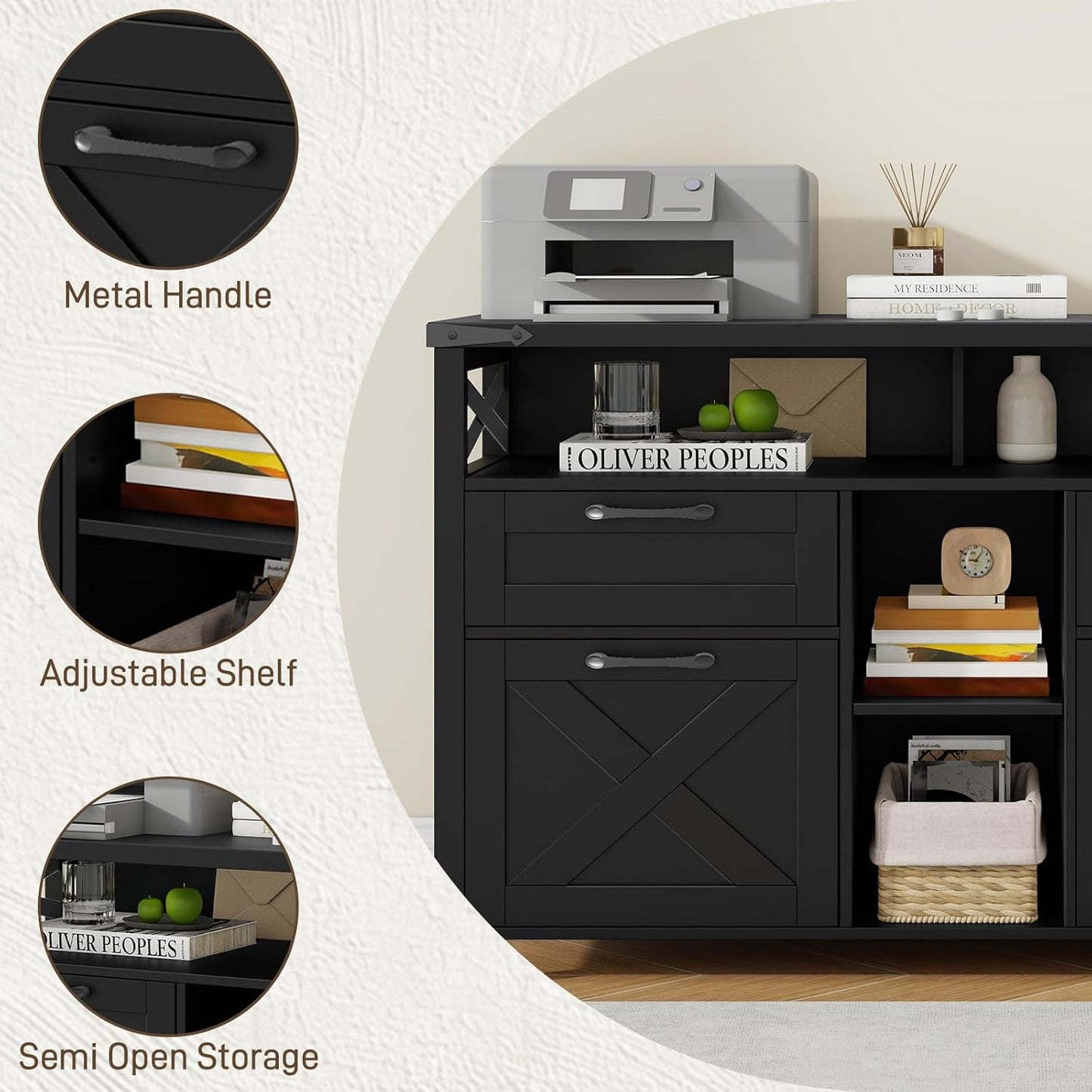 Farmhouse Filing Cabinet with Adjustable Shelf for Home Office, Lateral File Cabinets 4 Drawers with Open Storage Shelf, Filing Organization Storage Cabinets for Hanging Files Letter/A4.(Pure Black)