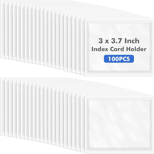 Circloophs 100 Packs Self Adhesive Index Card Pockets with Index Card, 3”x 3.7” Adhesive Label Holders – Plastic Clear Adhesive Label Pockets for Storage Bins, Locker, Shelves, Library, Office