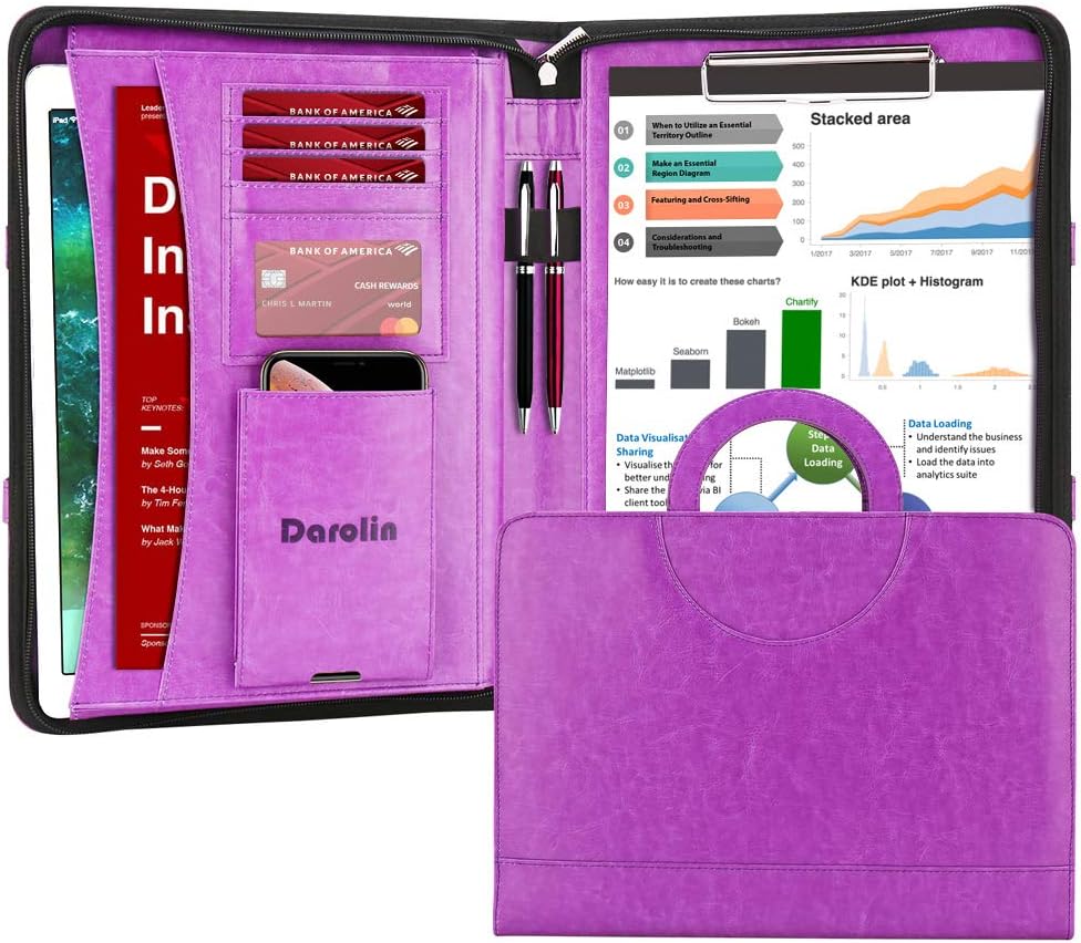 Darolin Zippered Leather Padfolio Portfolio with Hidden Handle and Clipboard, Business Conference Organizer Notepad Folder, Portfolio Bag, Padfolio for Women/Men (Purple)