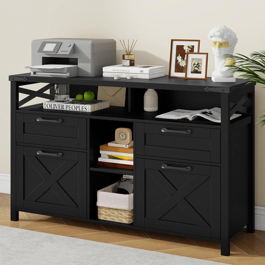 Farmhouse Filing Cabinet with Adjustable Shelf for Home Office, Lateral File Cabinets 4 Drawers with Open Storage Shelf, Filing Organization Storage Cabinets for Hanging Files Letter/A4.(Pure Black)