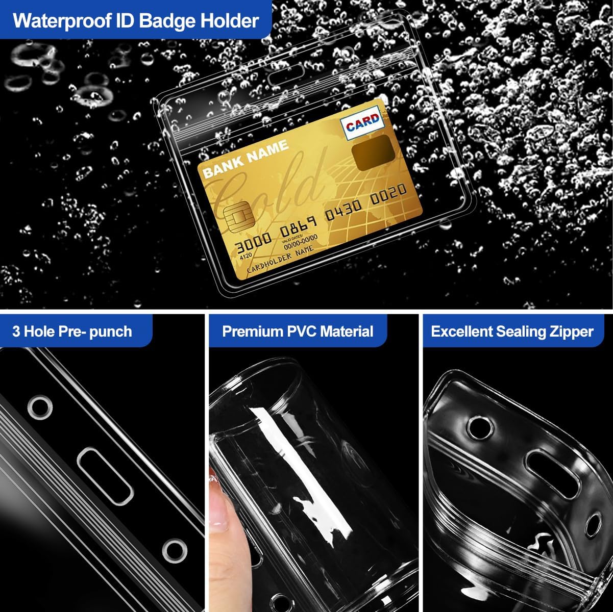 50 Pcs Clear Plastic Extra Thick Horizontal Card Holders, 4x3 Inch Sealable Waterproof Name Badge Bank ID Card Protector