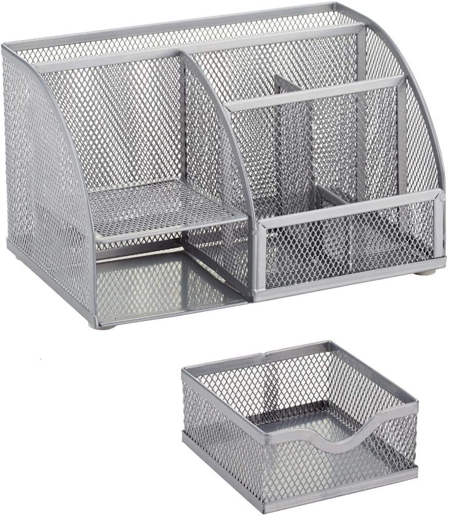 Annova Mesh Desk Organizer Office with 7 Compartments + Drawer/Desk Tidy Candy/Pen Holder/Multifunctional Organizer (Silver)