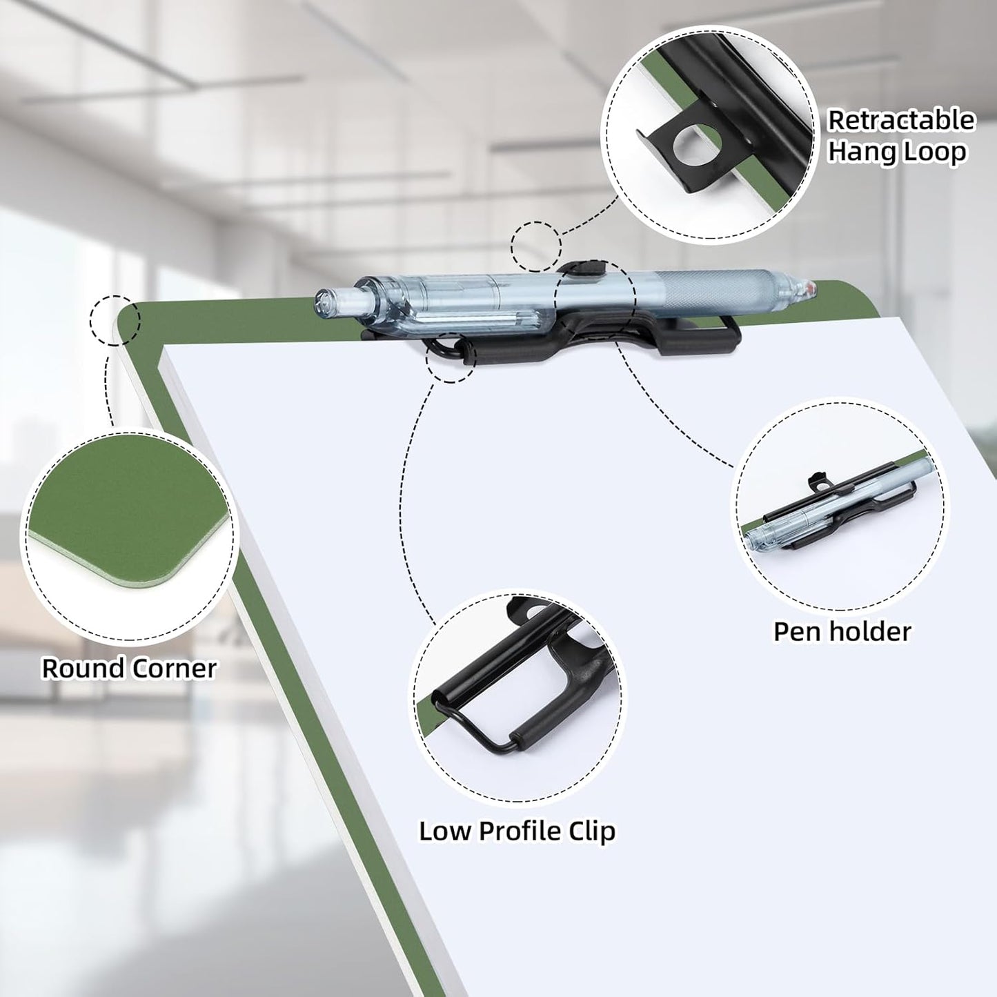 Clipboard with Pen Holder, Plastic Clipboard with Low Profile Metal Clip, Hanging Clip Boards Holds 8.5x11 Inch Papers, Standard A4 Letter Size Clip Boards for Offices & School, Green
