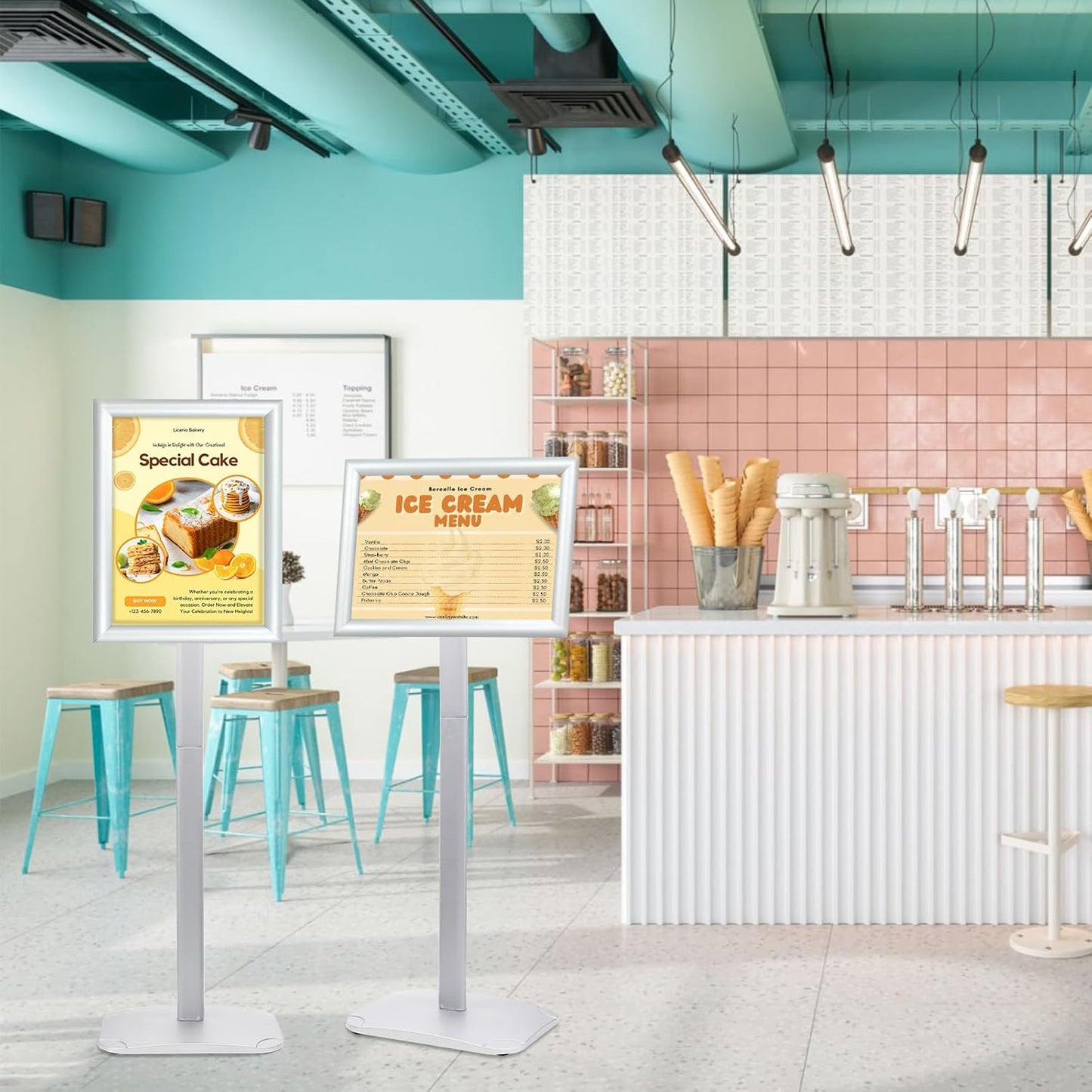 Heavy Duty Pedestal Sign Holder for Display, 8.5 x 11 inches Adjustable Floor Standing Sign Holder with Weighted Base , Vertical and Horizontal View Sign Stand for Indoor/Outdoor Advertising，Silver