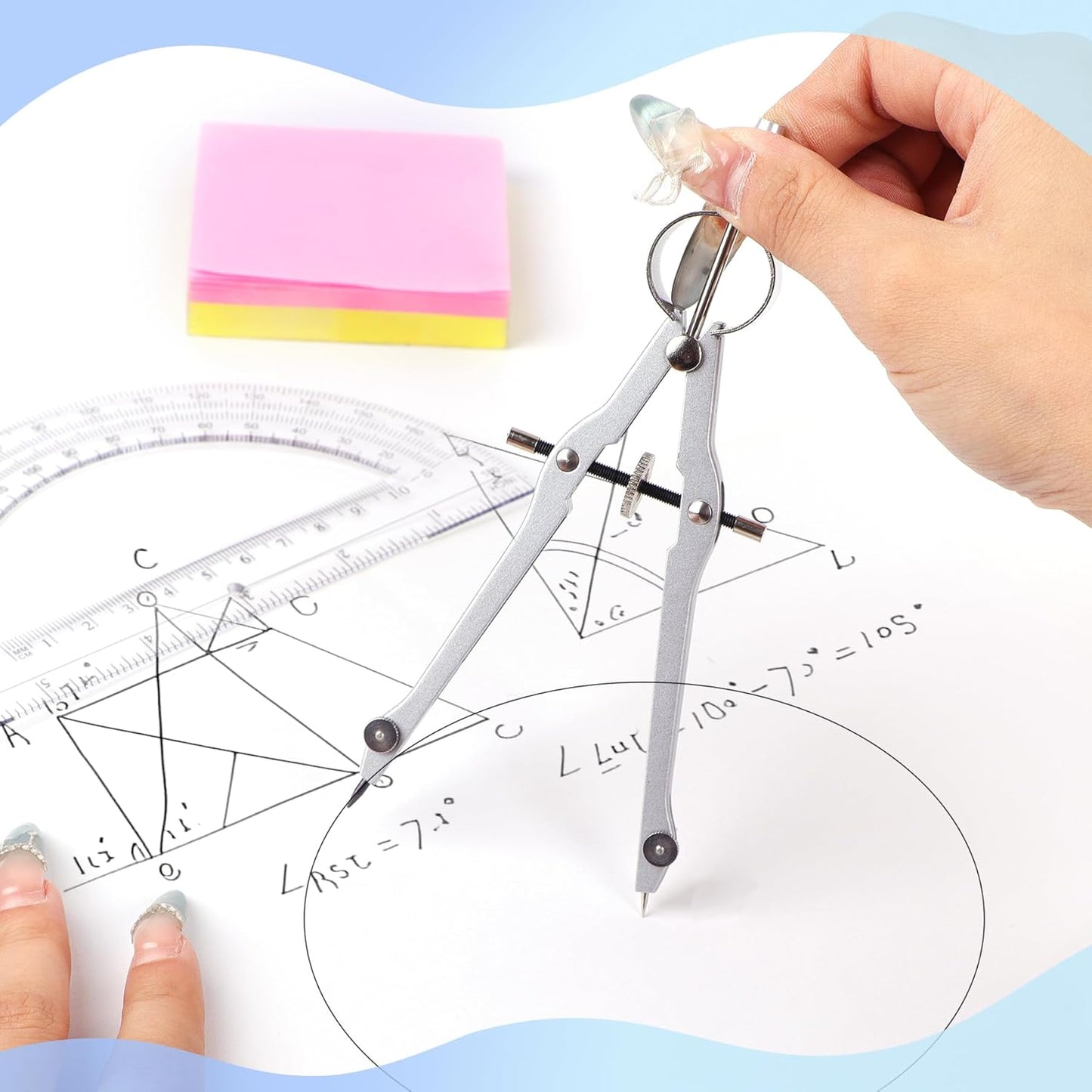 Compass and Protractor Set, Professional Drawing Compass Tool, Metal Compass with Extra Refills, Compass for Geometry and 6 Inch Math Protractors 180 Degree (Silver)
