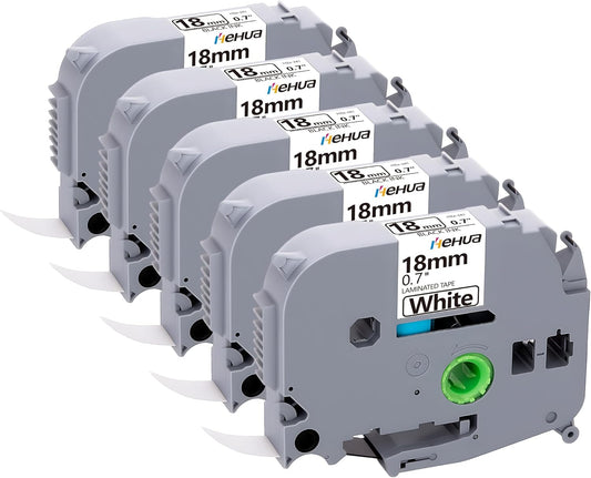 Hehua 18mm 0.7 Laminated White TZ Tape Compatible for Brother Label Maker TZe241 TZ-241 TZ241 TZe 241 3/4 x 26.2ft Label Tape for Ptouch PT D400 D600 D610BT P710BT P750W, Black on White, 5 Pack