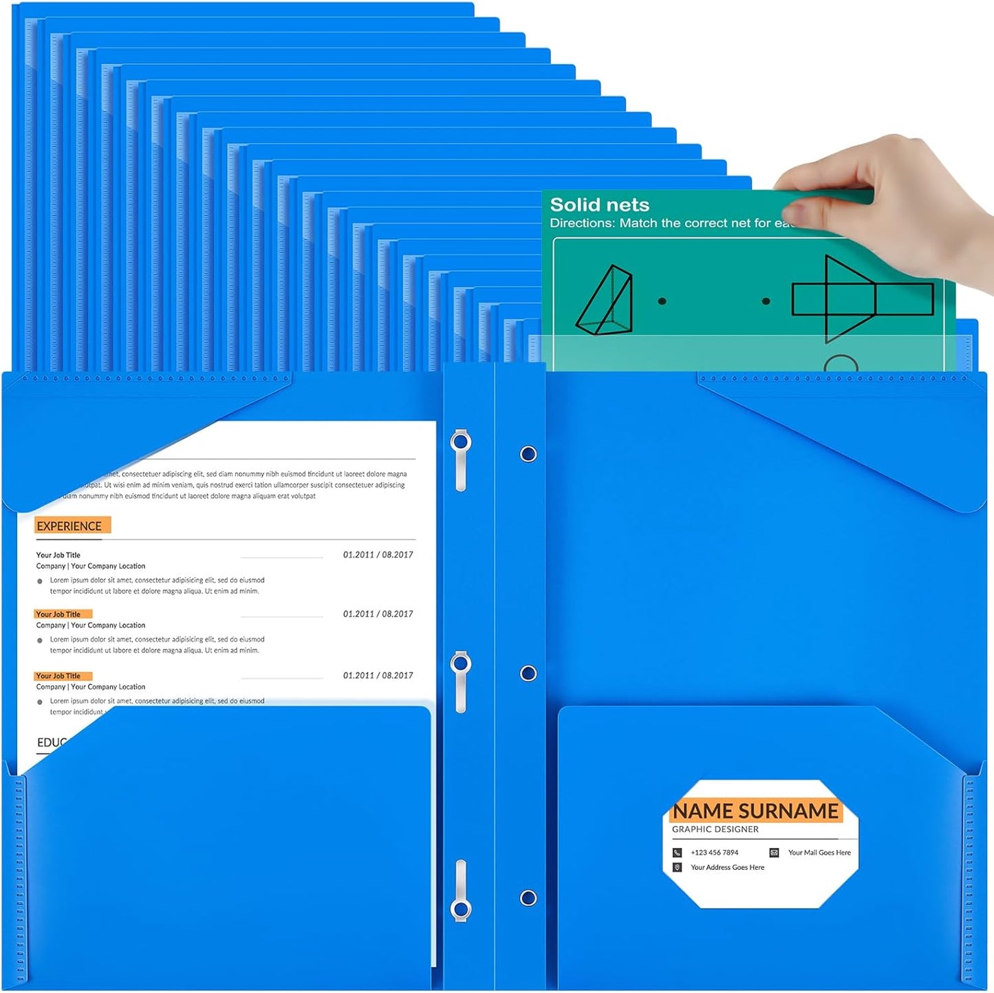 Henoyso 72 Pcs Plastic Folder with Clear Front Pocket and 3 Prong Plastic Folders with Card Slot Pocket Folders with Prongs for School Office (Blue)