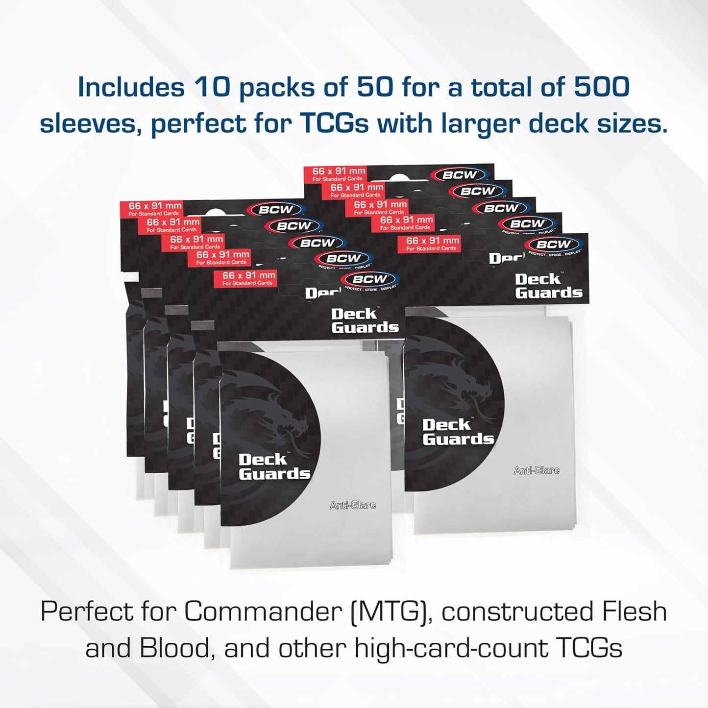 BCW Deck Guard - Double Matte Card Sleeves | 500 Count Box (10 Packs of 50 Sleeves) |Acid-Free, No PVC | Fits 2.5" x 3.5" Game Cards | Archival Safe Sleeves for Card Protection (White)