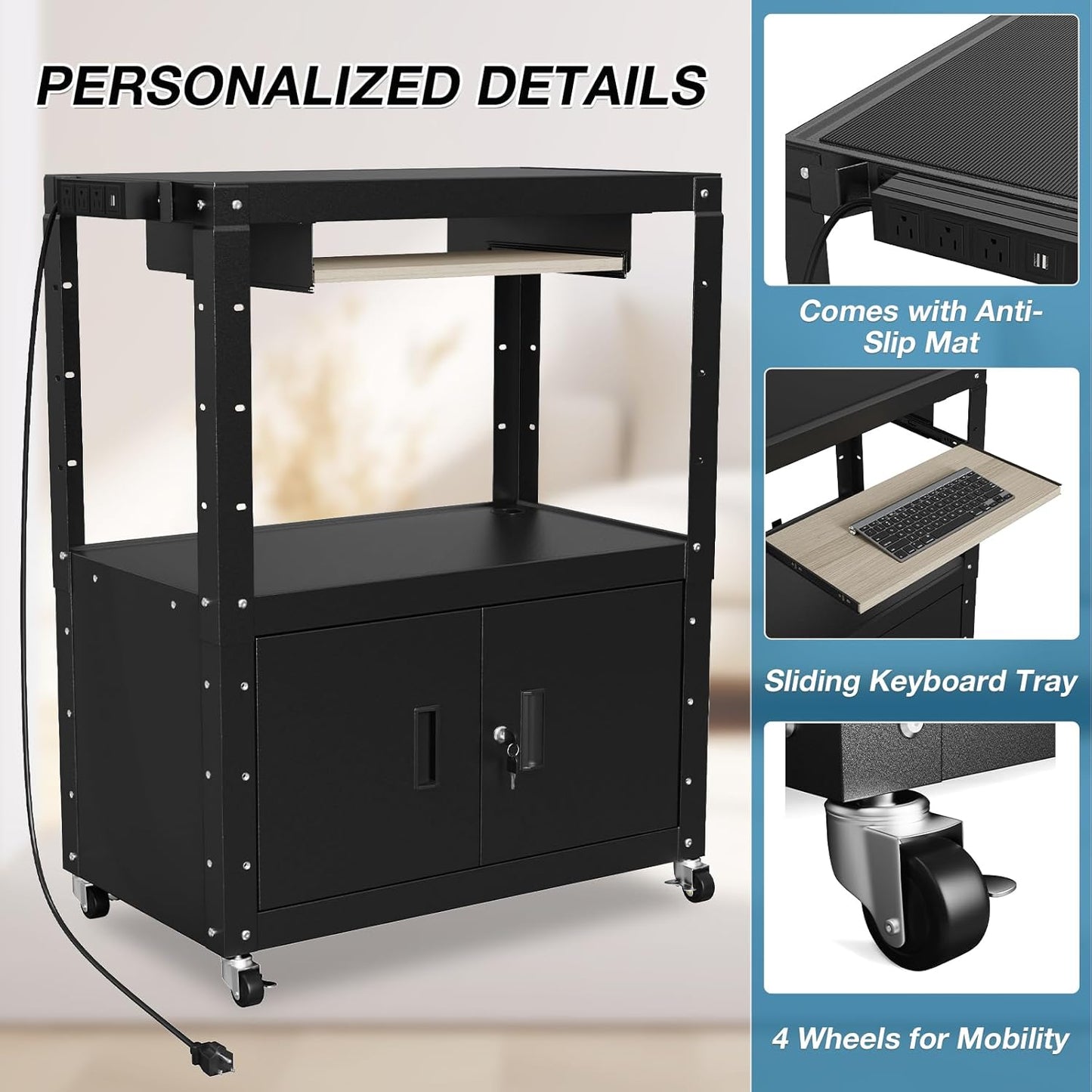 AV Cart, Adjustable-Height Rolling Computer Cart with Charging Station, Steel AV Presentation Cart with Locking Cabine & Keyboard Tray, Multipurpose Utility Cart Mobile Workstation for Office, Black