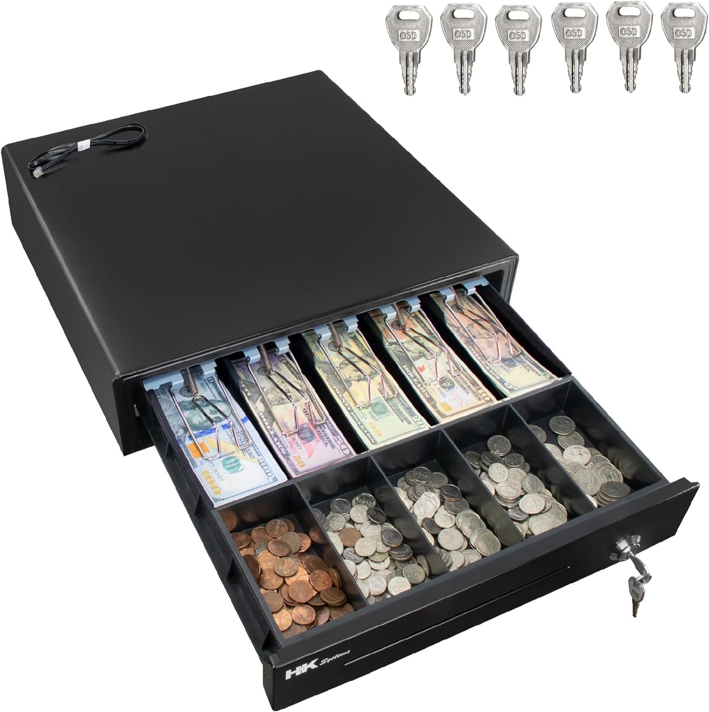 HK SYSTEMS 16" Heavy Duty Black POS Cash Drawer with 5Bill/5Coin, Removable Coin Compartment ONLY, 24V, RJ11, Single Large Front Media Slots, Black