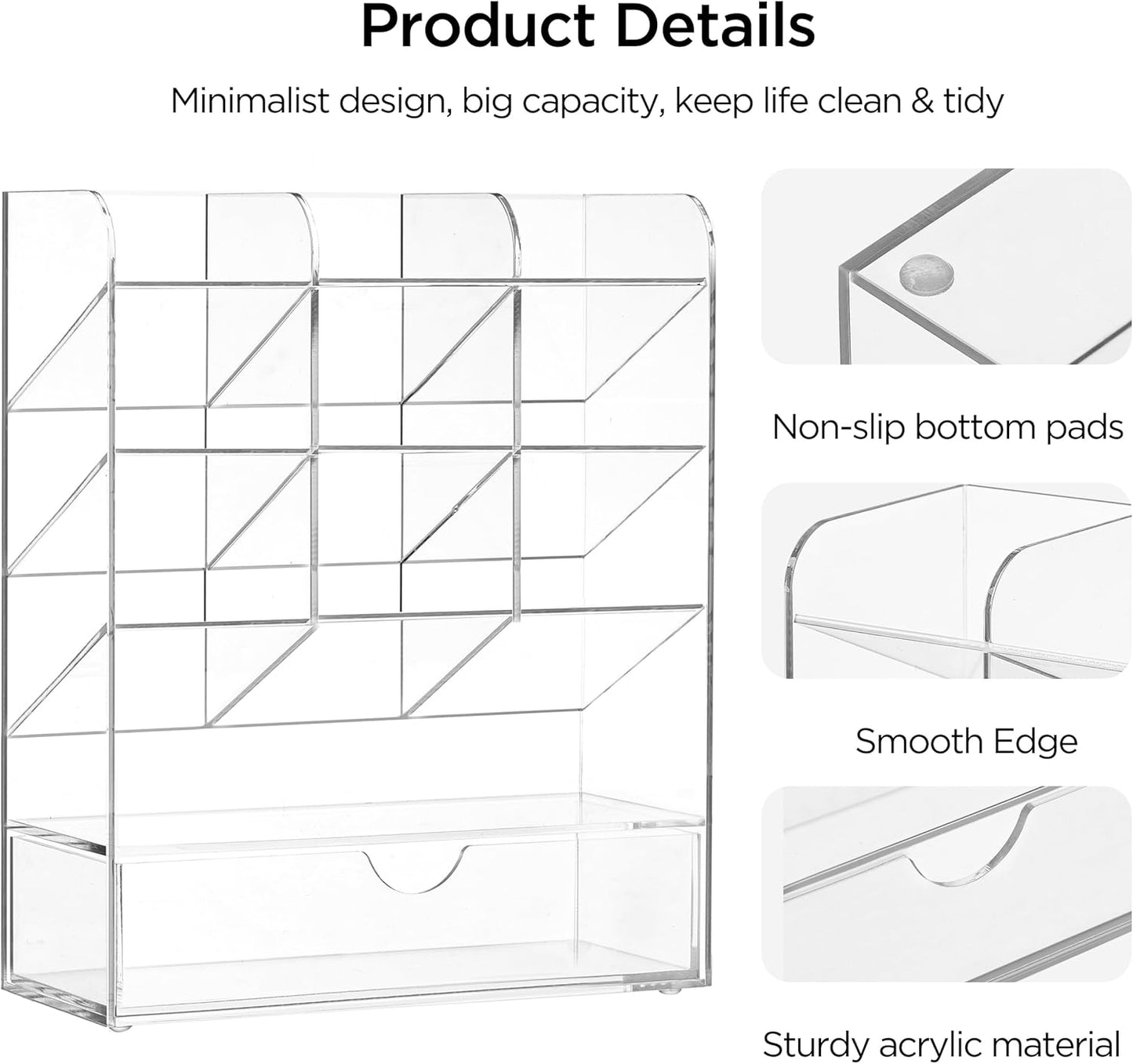 HBlife Acrylic Pen Desk Organizer with Drawer, Clear Vertical Marker Organizer with 11 Compartments, Angled Large Stationary Pencil Display Holder, Art Supplies Organizer for Desk, School and Home