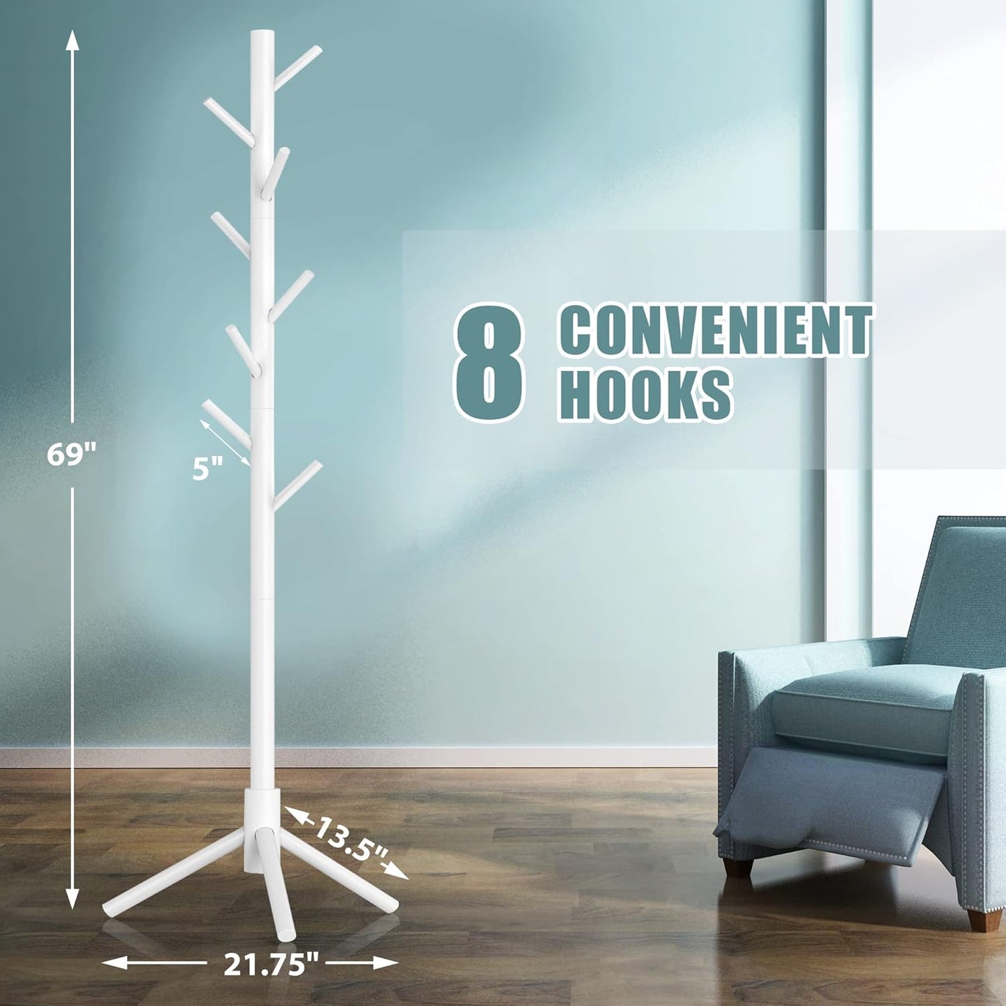 Haddockway Wooden Coat Rack Stand with 8 Hooks New Zealand Pine 3 Adjustable Coat Standing Tree Easy Assembly for Coats, Hats, Scarves and Handbags for Entryway, Hallway, Bedroom, Office, white
