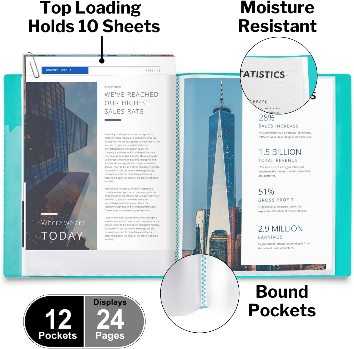 Dunwell Presentation Binder 12-Pocket, Displays 24 Pages, 8.5x11 Portfolio Binder with Plastic Sleeves, Storage and Organizer for Documents, Certificates, Projects, Photos (Aqua)