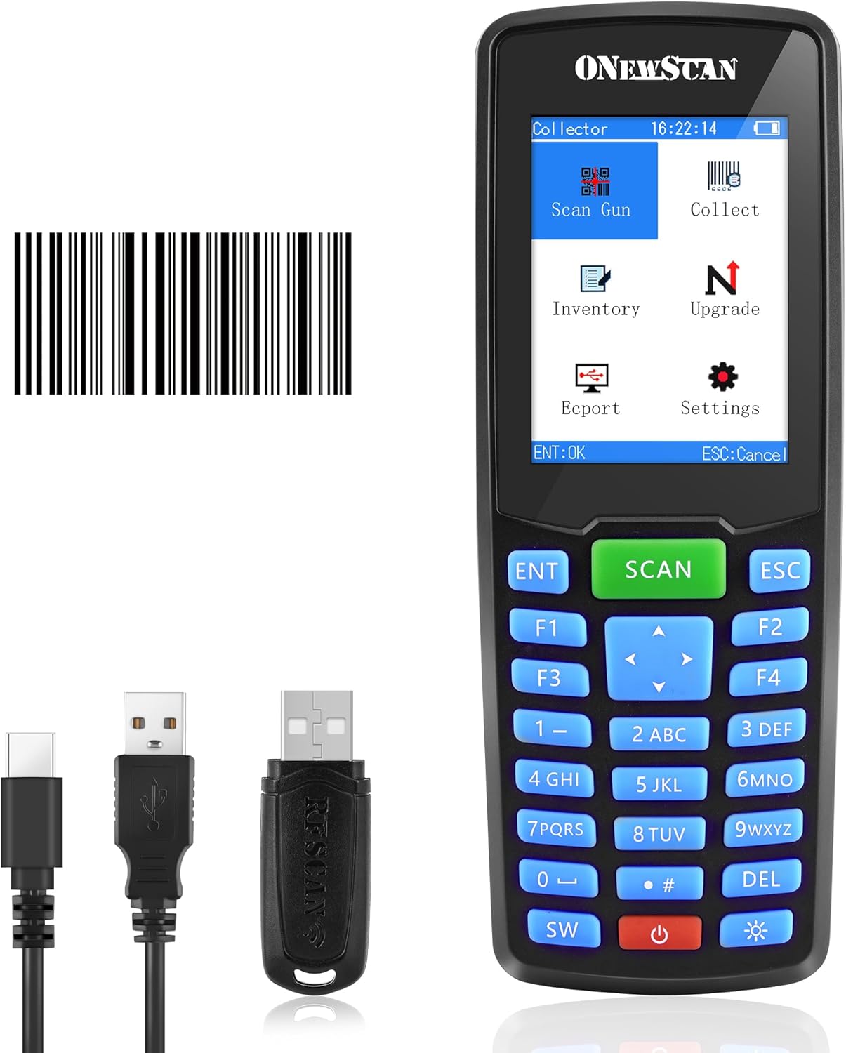 Barcode Scanner, Wireless 1D Inventory Scanner Data Collector Data Terminal Portable with 2.8" TFT Color LCD Screen Cordless Handheld Barcode Reader for Store, Inventory, Supermarket, Warehouse
