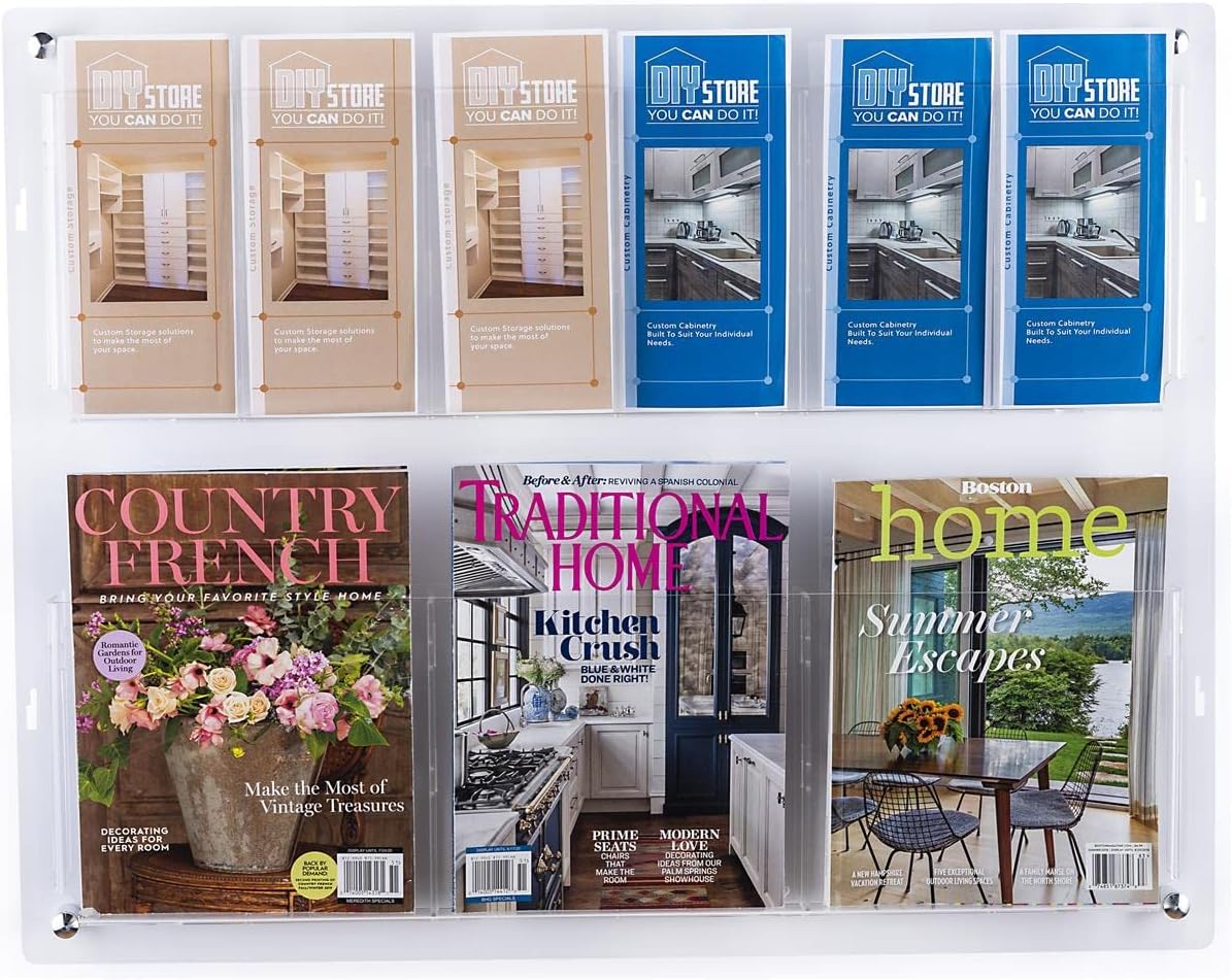 Displays2go 2-Tiered Acrylic Literature Wall Rack, Adjustable, Fits Brochures and Magazines - Clear (2RP6CLR)