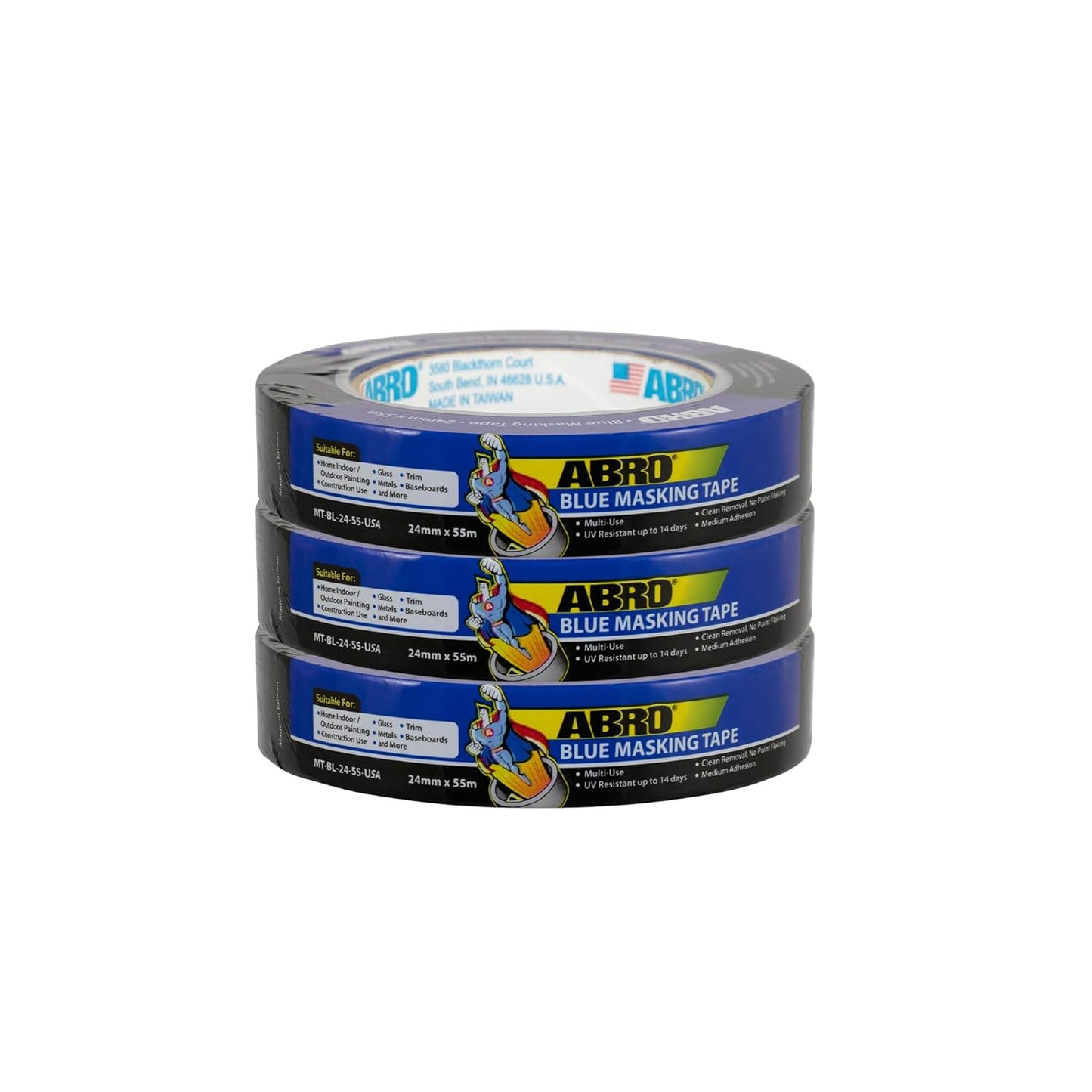 ABRO Blue Painters Tape 1 Inch Wide, 24mm x 55M, All Purpose Blue Tape, Temporary Labeling, Easy Tear, Clean Removal, Masking Tape Colored DIY or Pro - 3 Pack