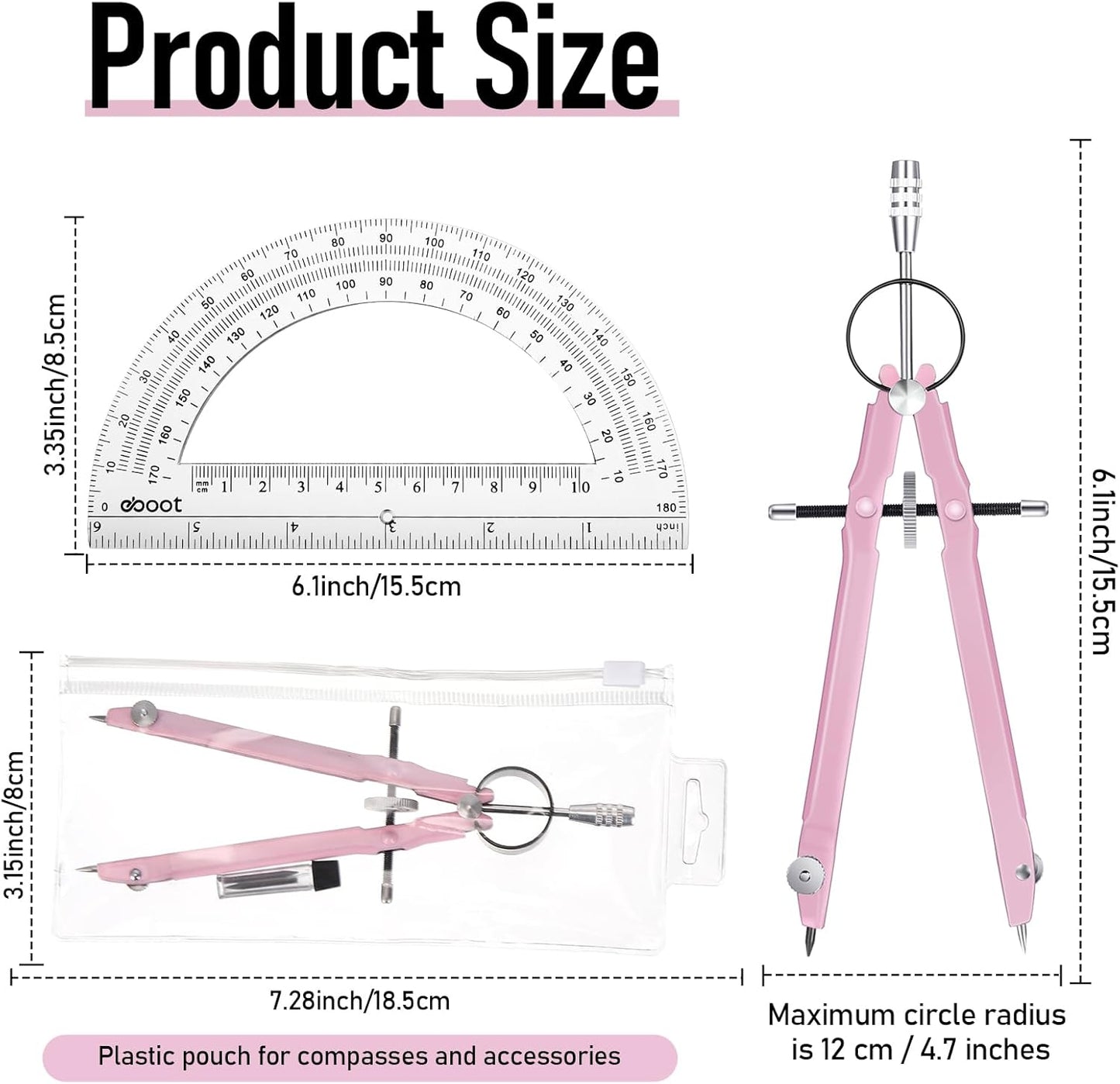 EBOOT Student Geometry Math Set, Drawing Compass and 6 Inch Clear Swing Arm Protractors 180 Degree Math Protractor (Pink)