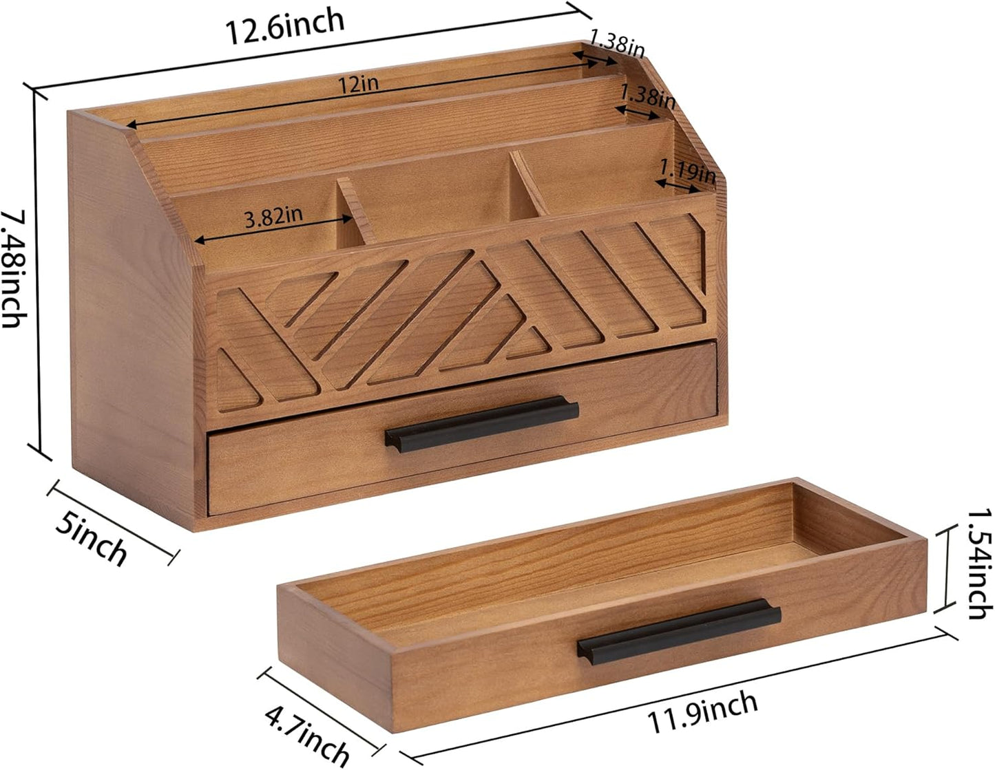 Brown Wood Desk Organizer and Accessories with Drawer, Bill Mail Organizer and File Mail Holder for Office Supplies, Modern Desk Accessories & Workspace Organizers for Desk Organization