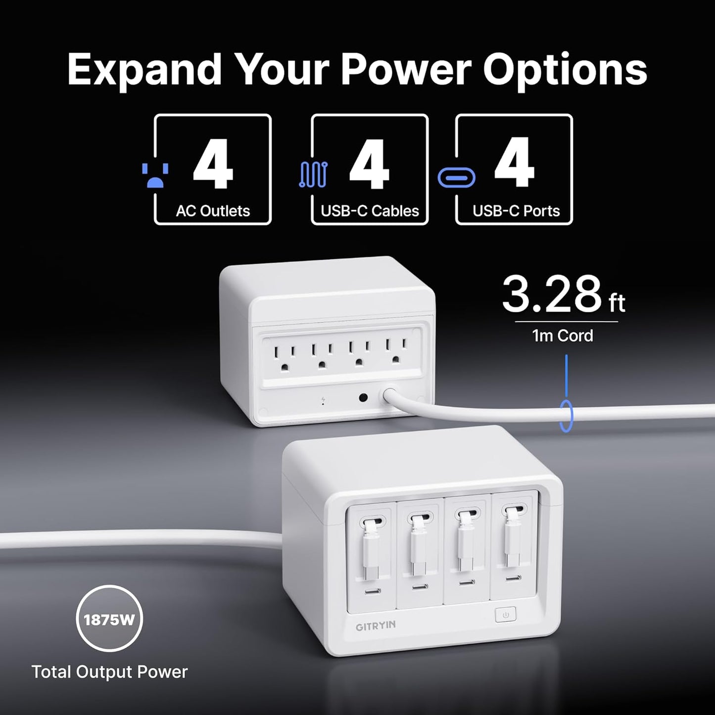 12-in-1 Desktop Charging Station with 4 Retractable Wall Chargers, 40W USB-C Power Strip with 4 AC, 4 USB C, 4 Type-C 31.5in Cables, Extension Cord with 1020J Surge Protection for Home Office