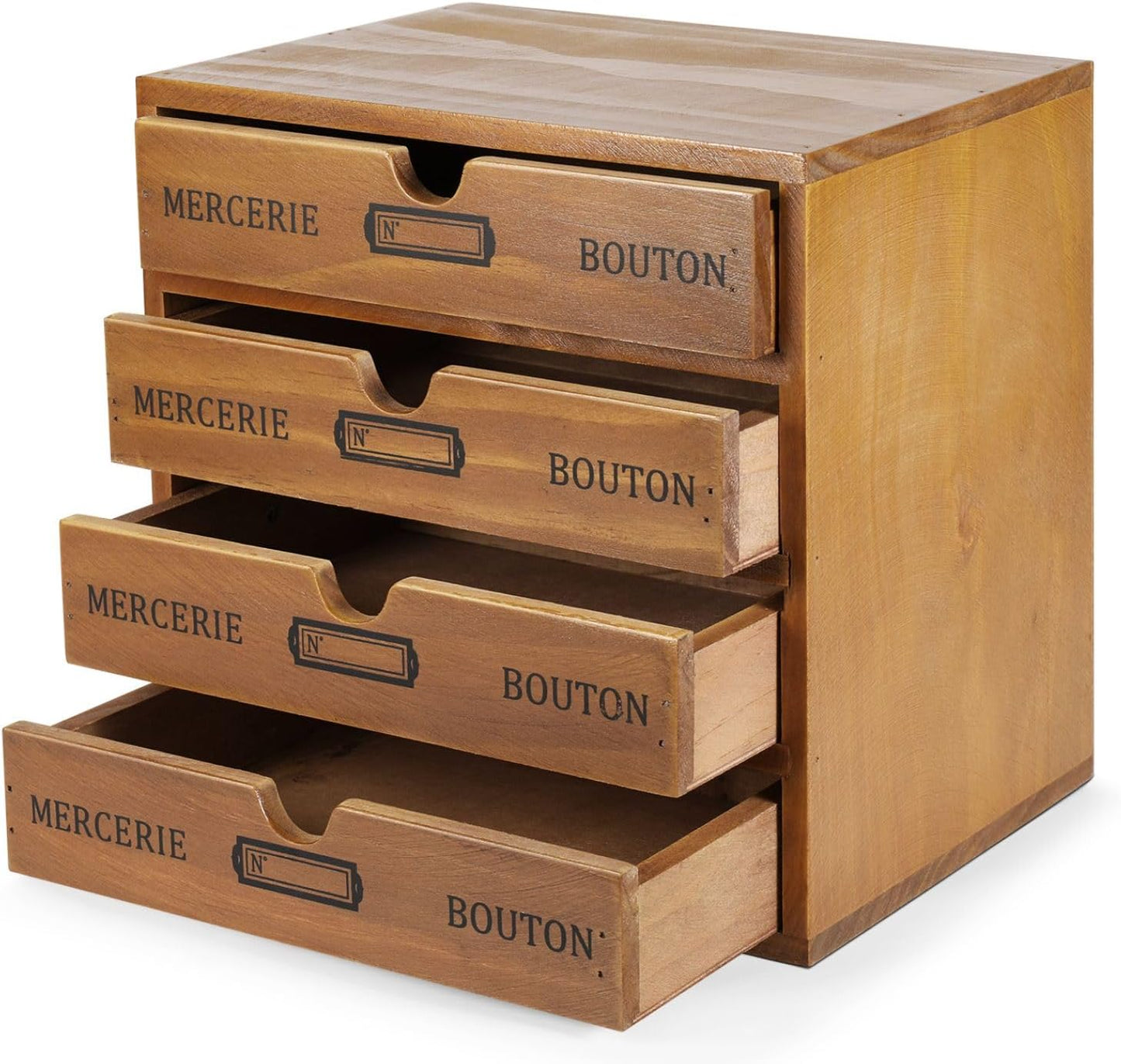 Flexzion Desktop Storage Box with Drawers - Wooden 4 Drawer Organizer Card Catalog Cabinet, No Assembly Required, Pine Wood Vintage Tabletop for Home and Office Accessories