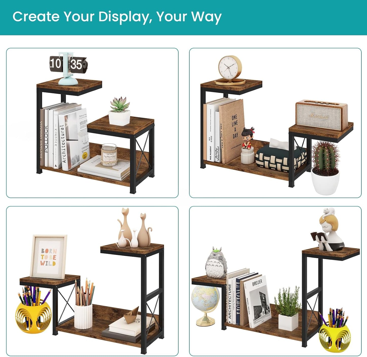 ELITEROO Desktop Shelf Organizer, 3 Tier Office Shelves, Wood Desk Organizers Storage Rack and Freestanding Display Shelf for Office, Dormitory, Home, Rustic Brown