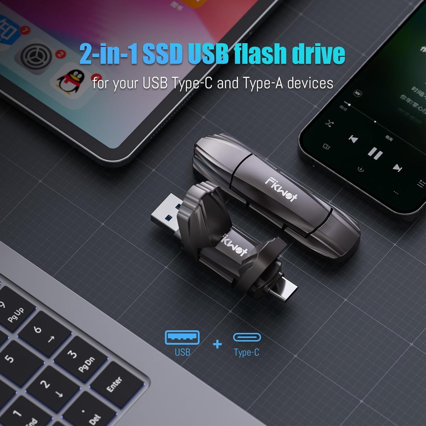 FU388 External Solid State Drive, Up to 1000MB/s for Data Storage,Dual-Port Stick Design with USB-A & Type-C Expansion of Storage for iPhone 15/16 /Android/PC/Mac/Laptop