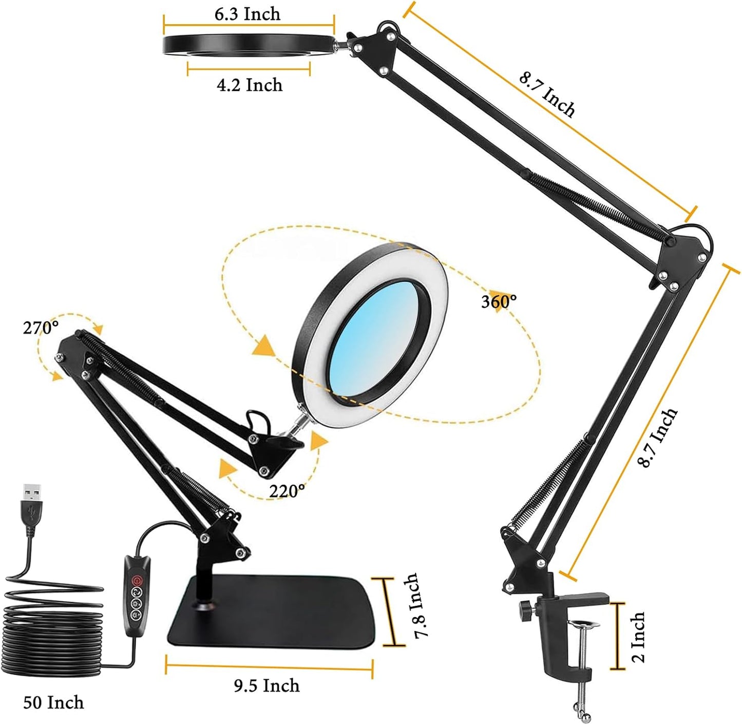 15X Magnifying Glass Lamp with Clamp and Stand, 72 LEDs Desk Lamp with 3 Color Temperatures and 10 Levels Adjustable Brightness for Diamond Art Accessories Hobbies Crafts Reading Close Work Magnifier