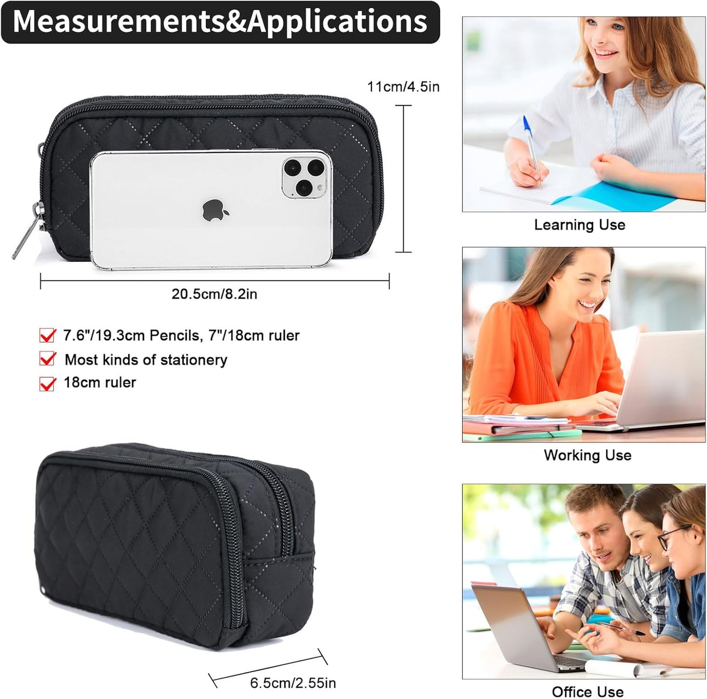 Della Gao Small Pencil Case Large Capacity Pencil Pouch Marker Pen Bag Coin Pouch Office Stationery Organizer (Black-02RH)