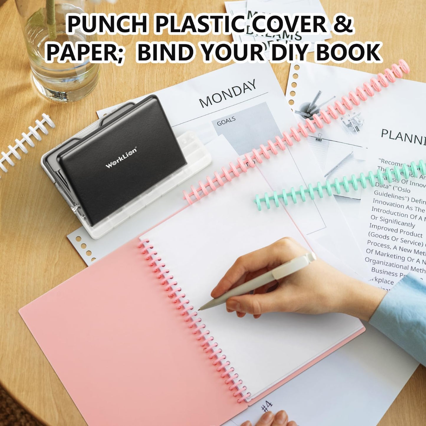 Binding Machine for Planner： WORKLION Metal 10 Hole Punch&Multi Color 30 Hole Loose Leaf Binder Rings(10 pcs) for Making 26 Holes on B5 Paper, 30 Holes on A4, 20 Holes on A5 Book, Black