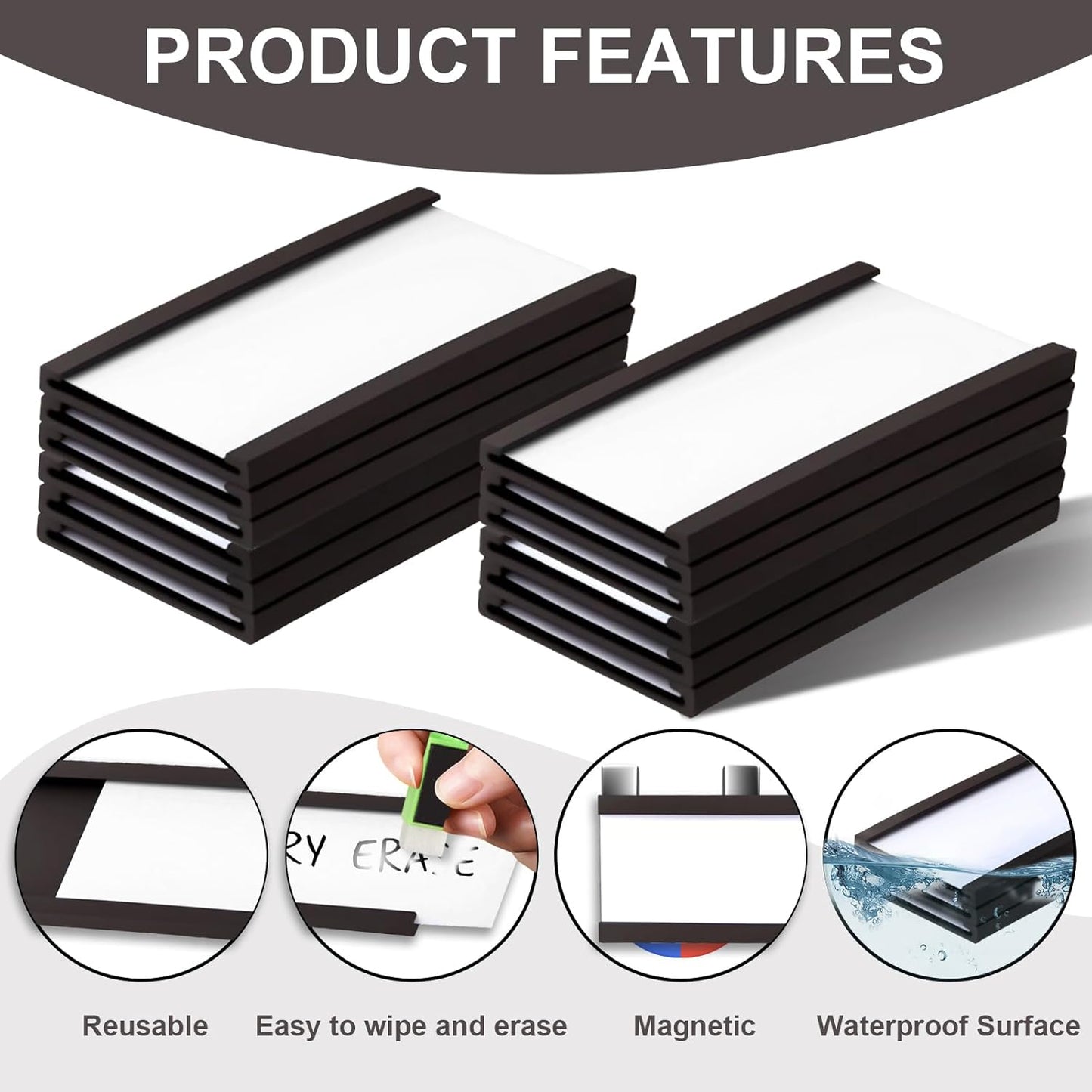 50 Pack Magnetic Label Holders, 'C' Channel Magnets Card Holders with Dry Erase Insert Label Card for Metal Racks and Shelves (1" x 2")