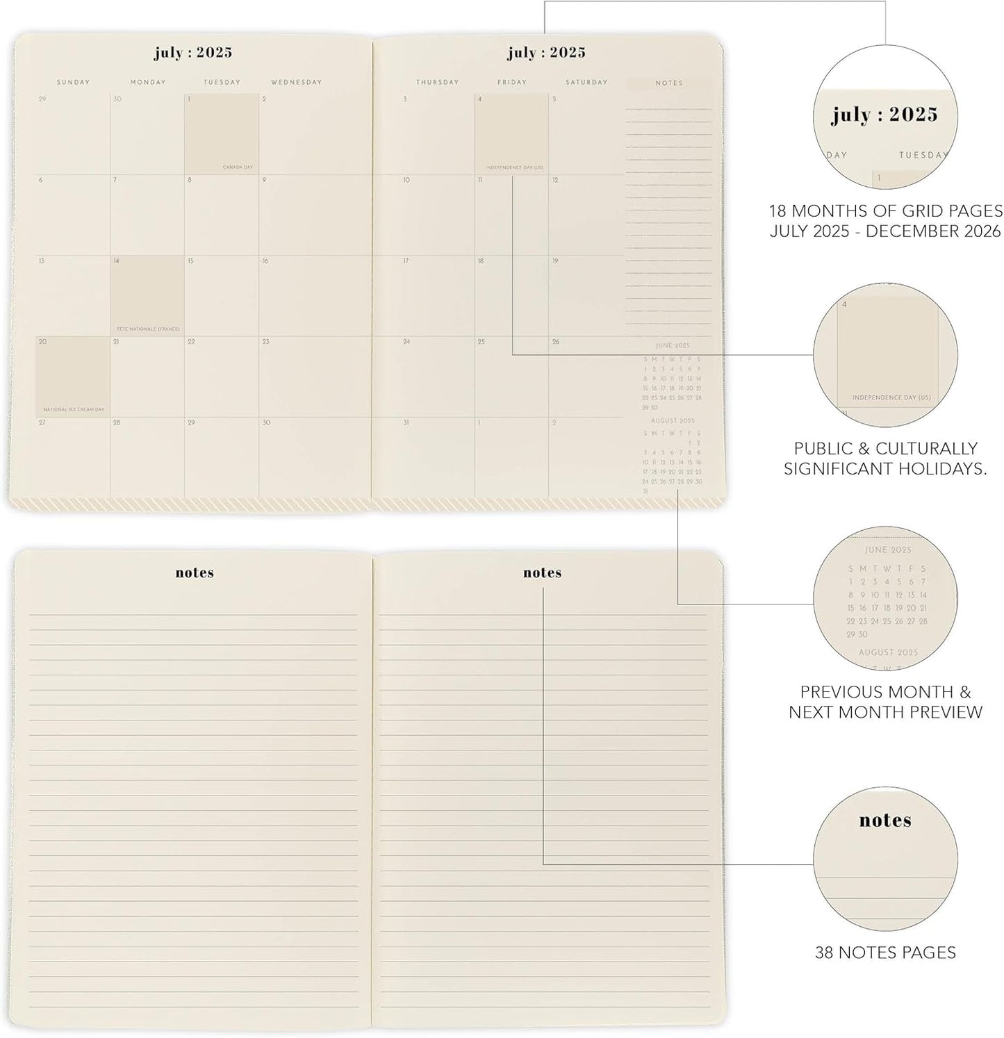 18 Month Planner/Calendar by Graphique, July 2025 – Dec. 2026 Gingham Monthly Planner, Holidays, Notes Pages, 8” x 10”