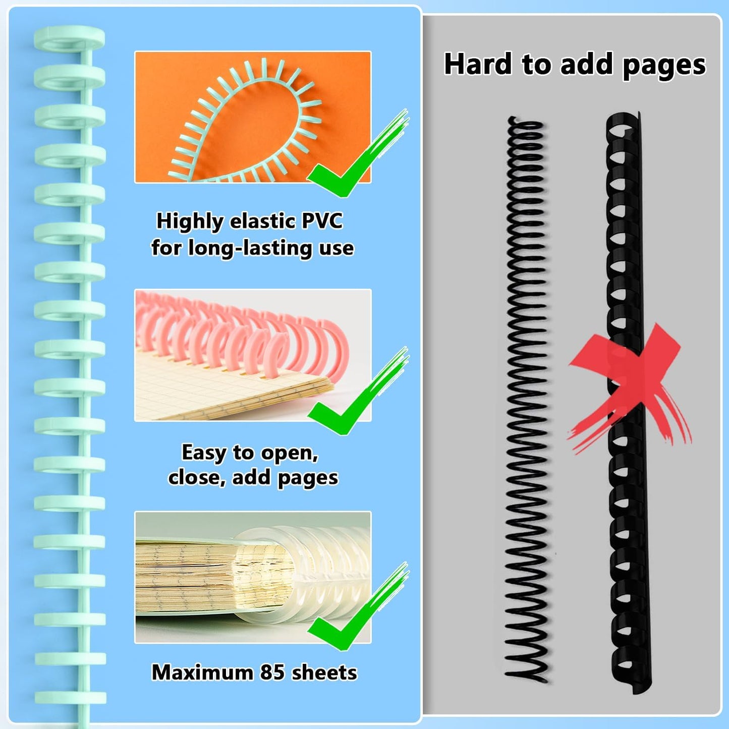 Binding Spines/Coils/Combs: Open & Close Easily Adding Pages for Notebook ，Worklion Binding Machine 30 Ring Diameter 3/8"Binding Combs， Maximum 65 Sheets Multicolor Trimmable Sturdy 10pieces