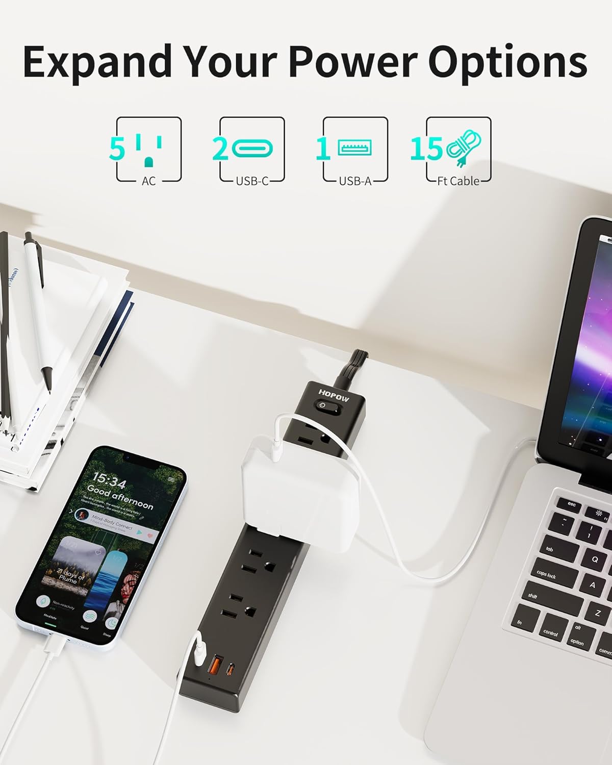 Flat Plug Power Strip, 15FT Ultra Thin Flat Extension Cord, Surge Protector with 5 Outlets & 3 USB Ports (2 USB C), 1700 Joules, 3-Prong, Wall Mount for Home Office Dorm, Black