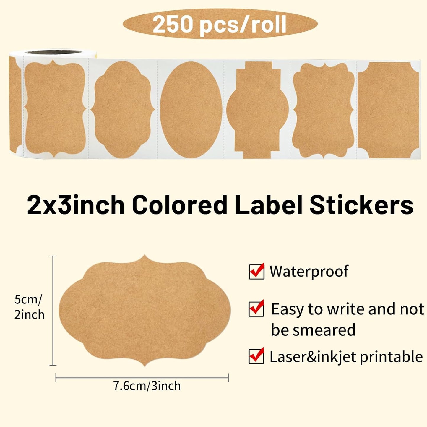 Dark Kraft Labels Stickers, 250 PCS 3" x 2" Fancy Shape Stickers Labels for Storage Box or Food Jars Holiday Present Stickers Christmas Gift Tags