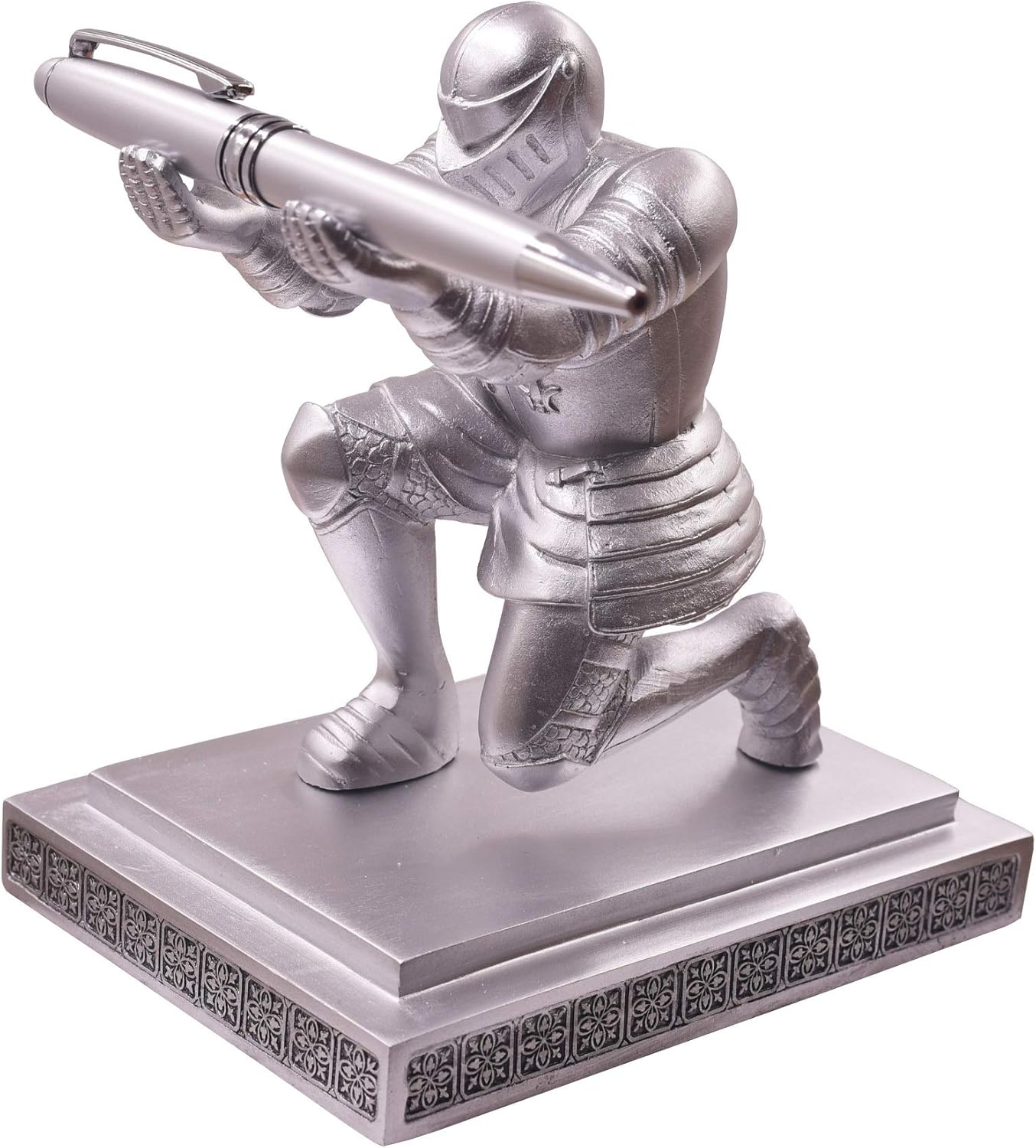 Executive Knight Pen Holder with A Cool Pen, Home Office Desk Organizers Decor Resin Pen Holder, Christmas Gift Idea for Dad, Uncle, Man, Boyfriend, Friends Silver